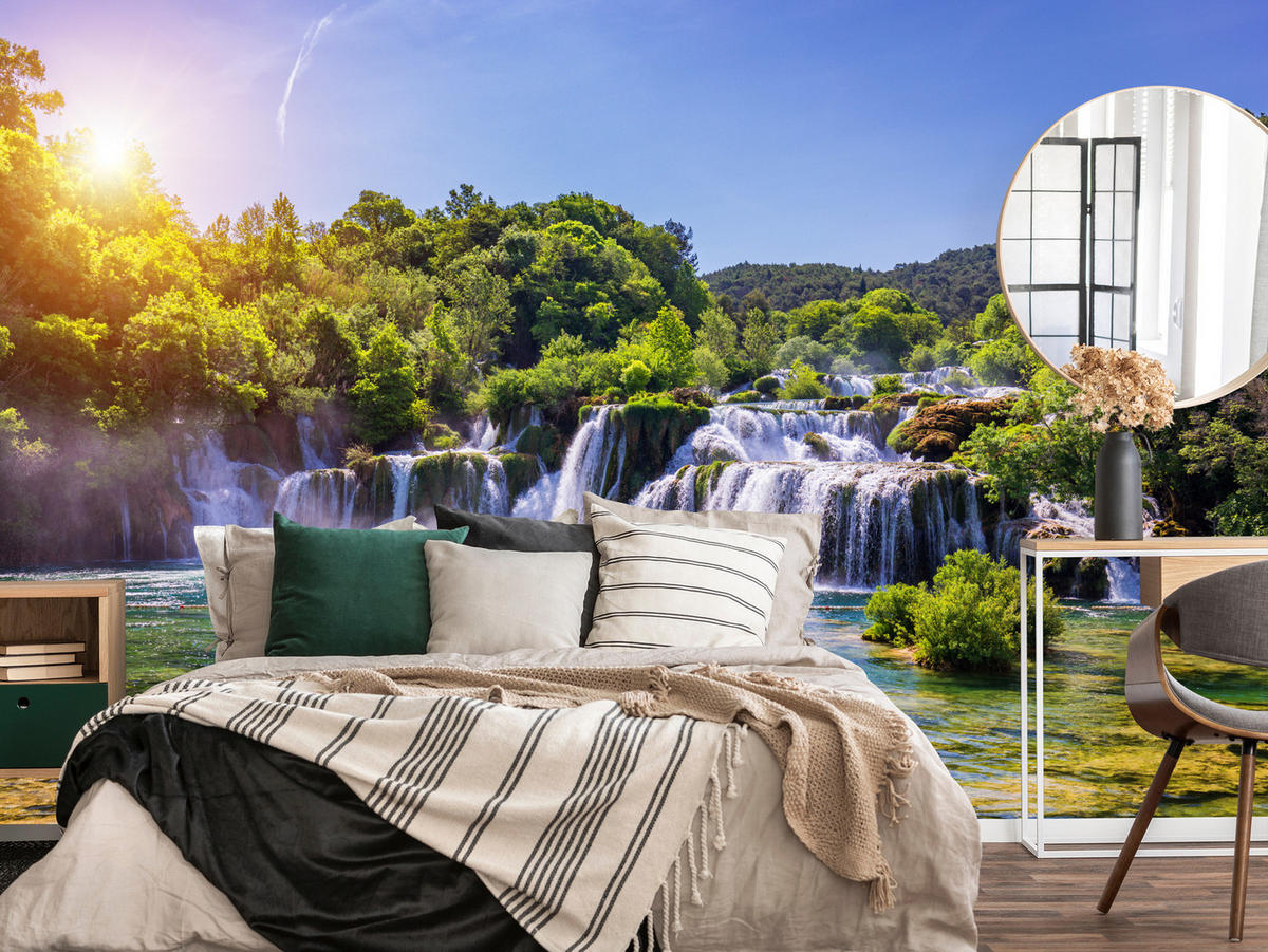 FOTOTAPETE Wasserfälle Wald Landschaft 3D 450x315 - Türkis/Blau, Papier (450/315cm) - Muralo