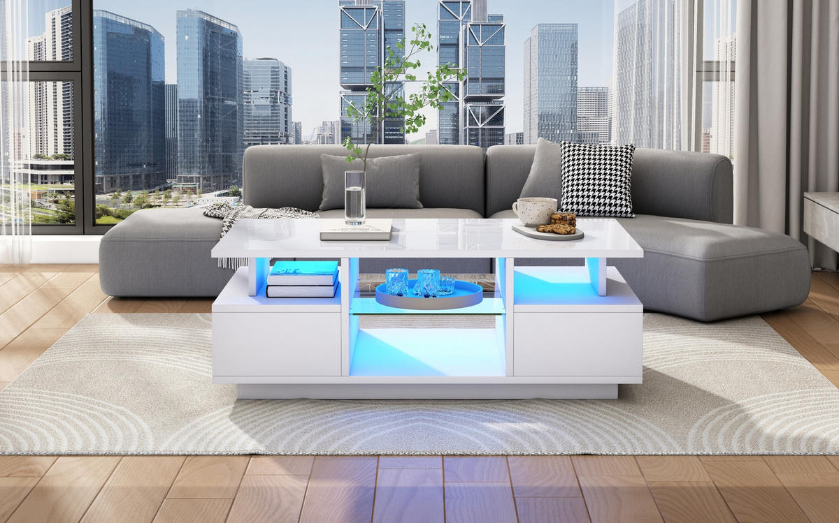 COUCHTISCH aus Spanplatte 100x50x36 cm in Weiß mit LED & 2 Schubladen - Weiß, Holzwerkstoff (100/50/36cm) - Modfu