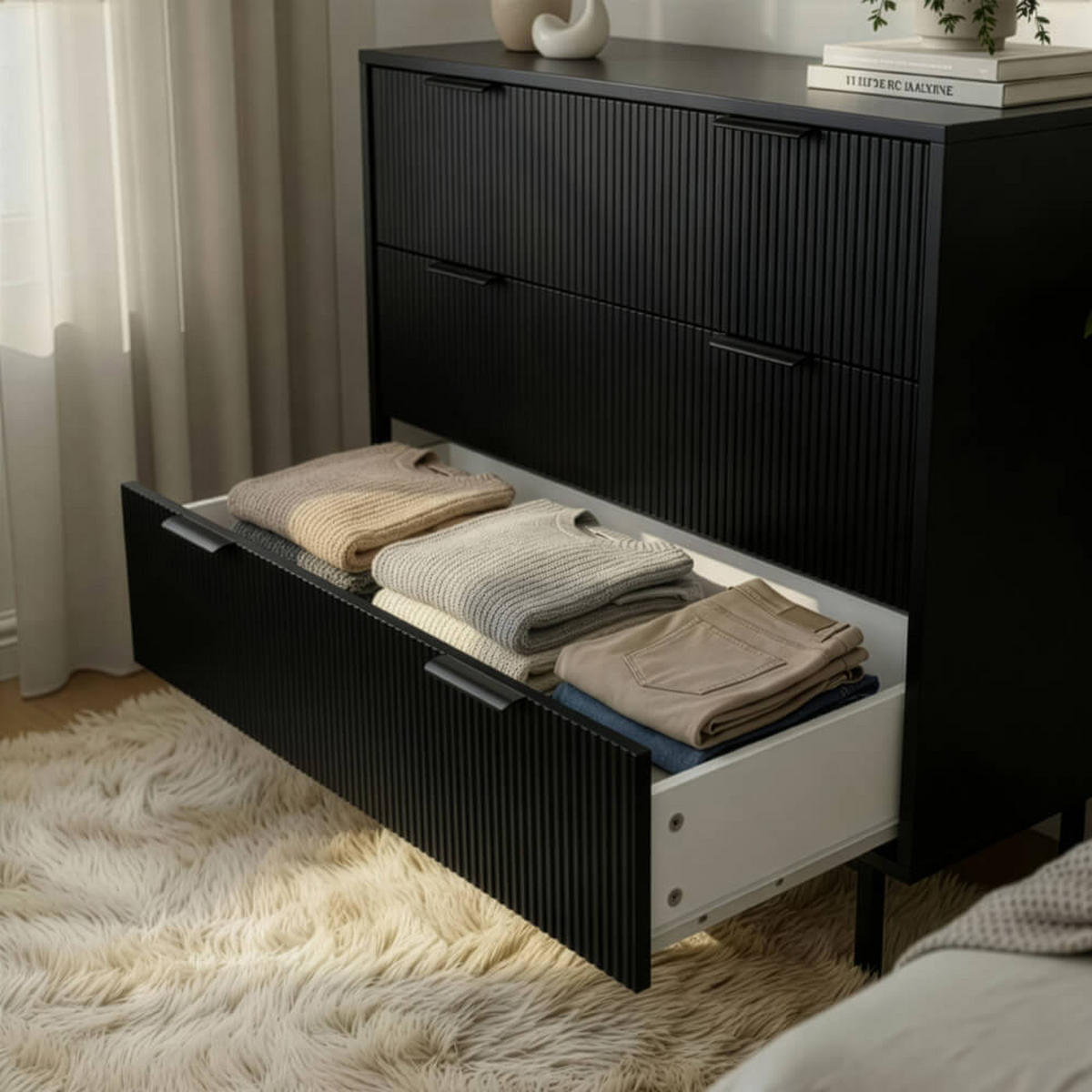 KOMMODE NYLA - Schwarz, 90 x 80 cm - Schwarz, Holzwerkstoff (90/80/42cm) - Home Deluxe