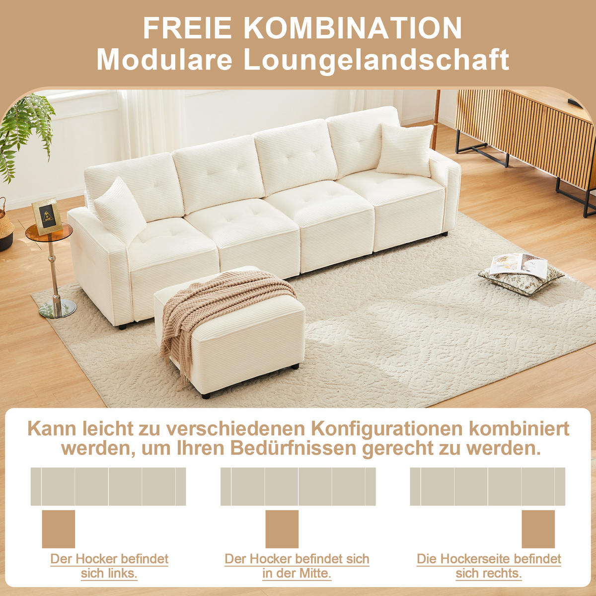 SOFA, 4-Sitzer, Stauraum, Hocker, Beige, 280x146x85cm - Beige, Textil (146/280cm) - FLIEKS