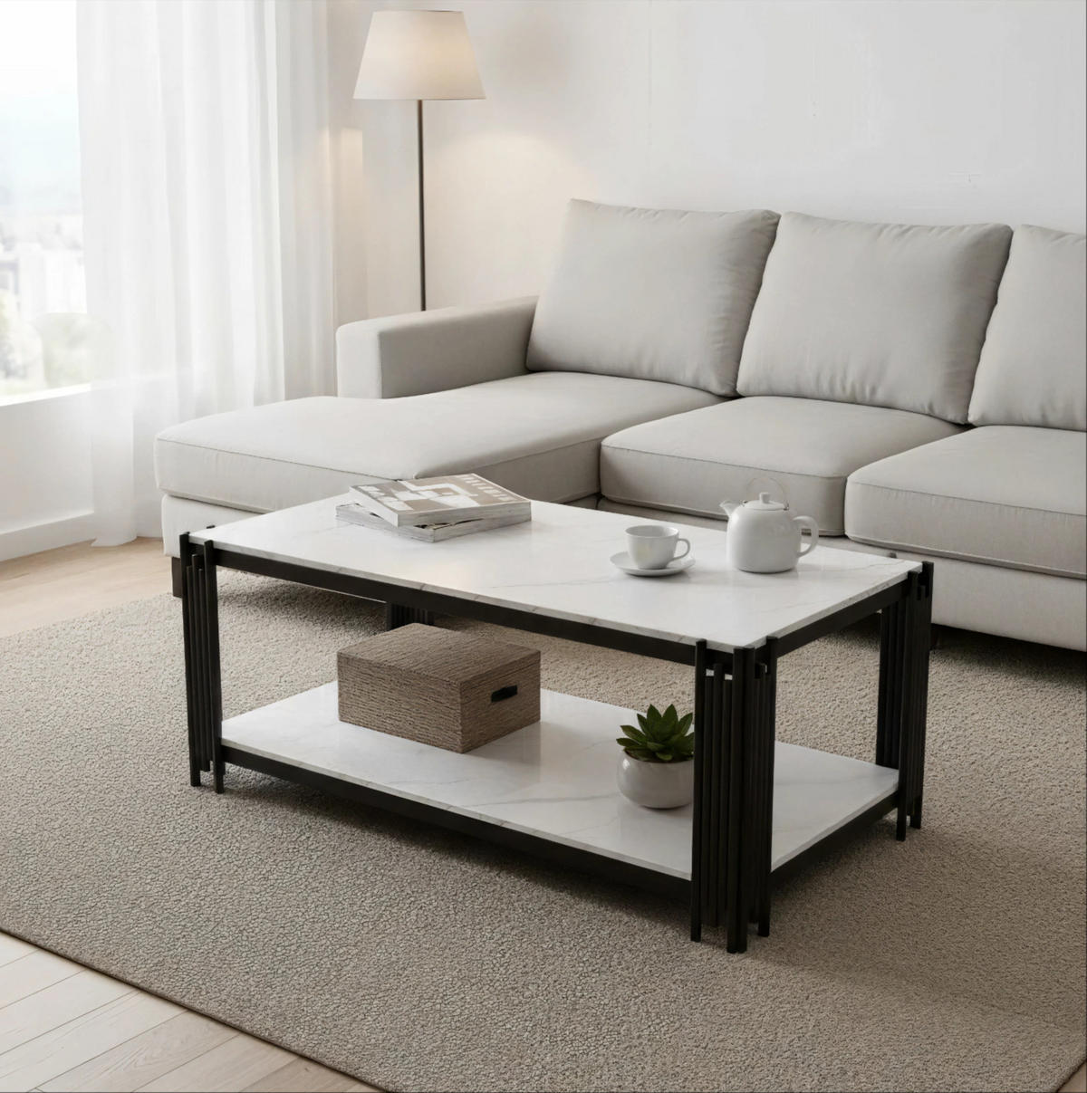 COUCHTISCH mit 2 Ablagen Marmoroptik Weiß-Schwarz - Weiß, Metall (114/64/46cm) - Meubliv
