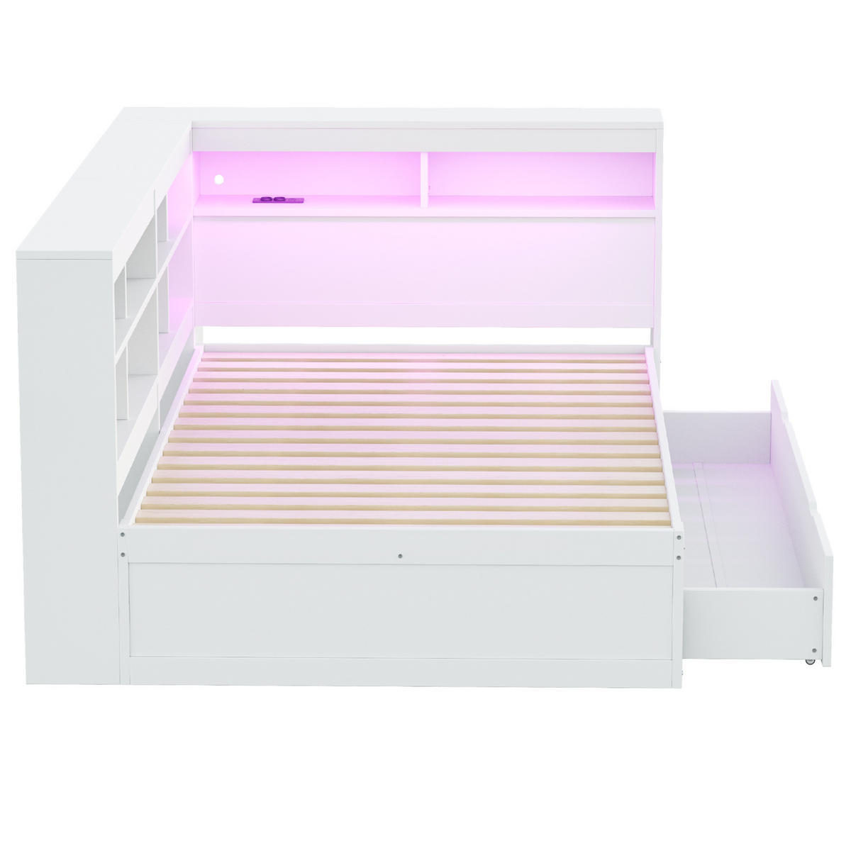 BETT 140/200 cm aus Holz mit Stauraum, LED-Beleuchtung und USB-Anschluss - Weiß, Holz (140/200cm) - Flora Grace