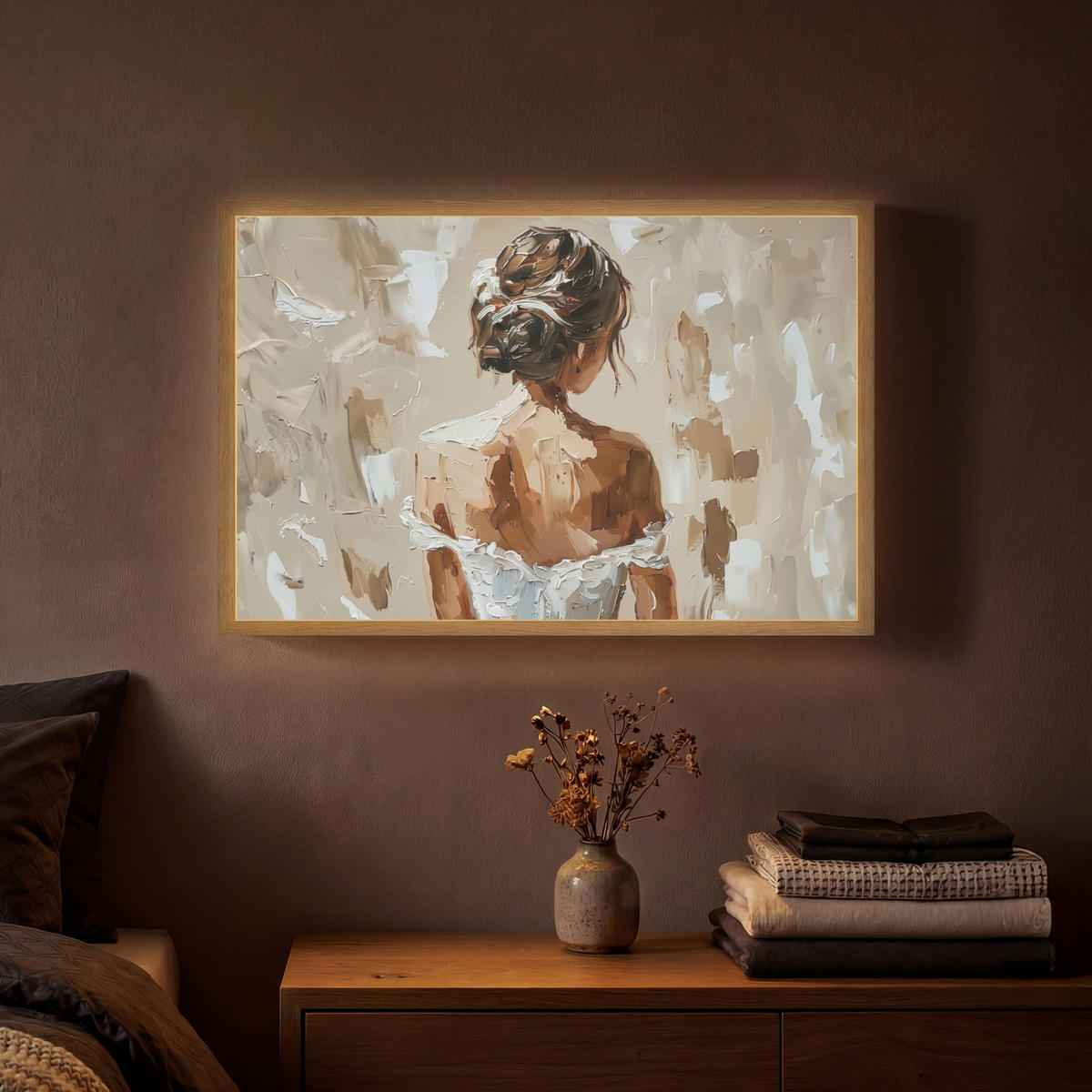 NÁSTĚNNÁ LAMPA S AKUMULÁTOREM Žena - malba - abstraktní - béžová - moderní 60x40 cm - světle hnědá, kompozitní dřevo (60/40/8cm) - OnlyWow