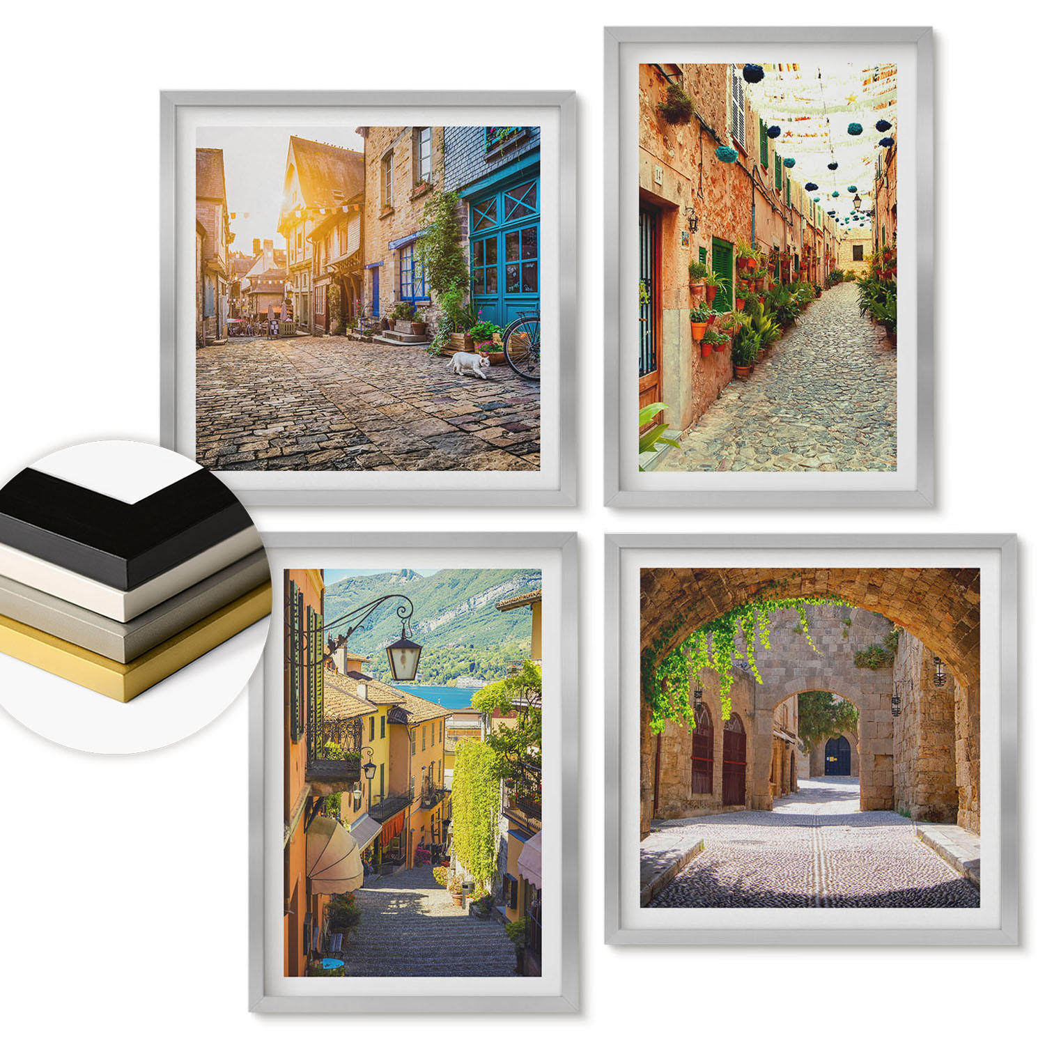WANDBILDER 4er Set - 50x50 cm & 40x60 cm Silberner Rahmen - Charmante Straßen mit Steinen - Silberfarben, Kunststoff (50/50cm) - ArtPrintCave