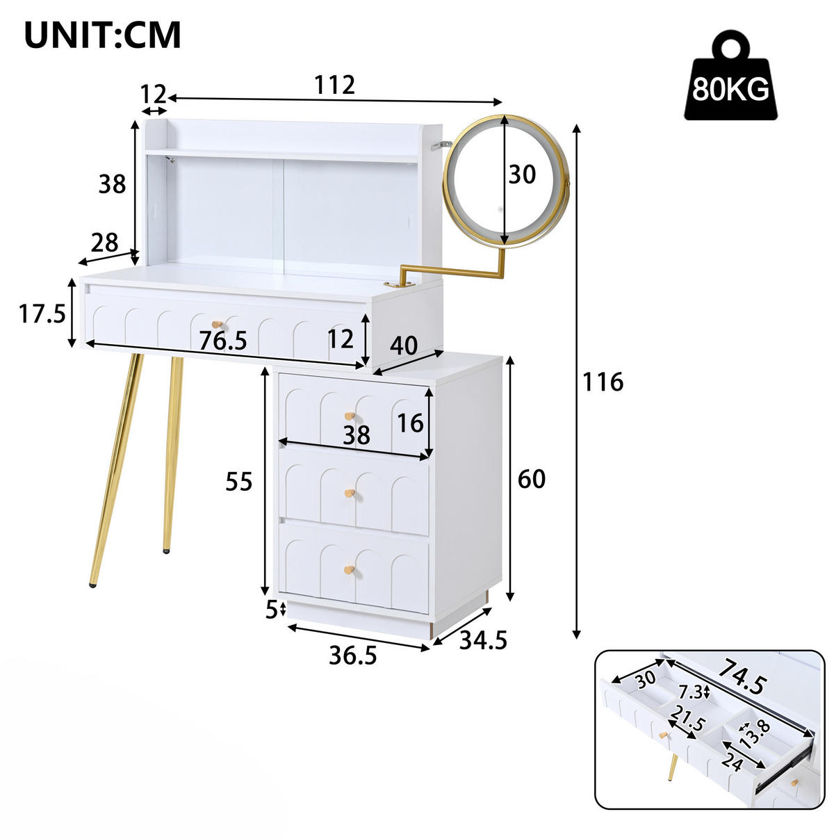SCHMINKTISCH aus MDF und Spanplatte 34,5x112x116 cm Weiß mit LED-Spiegel, Glasschiebetüren und 4 Schubladen - Weiß, Holzwerkstoff (112/116/34.5cm) - Modfu