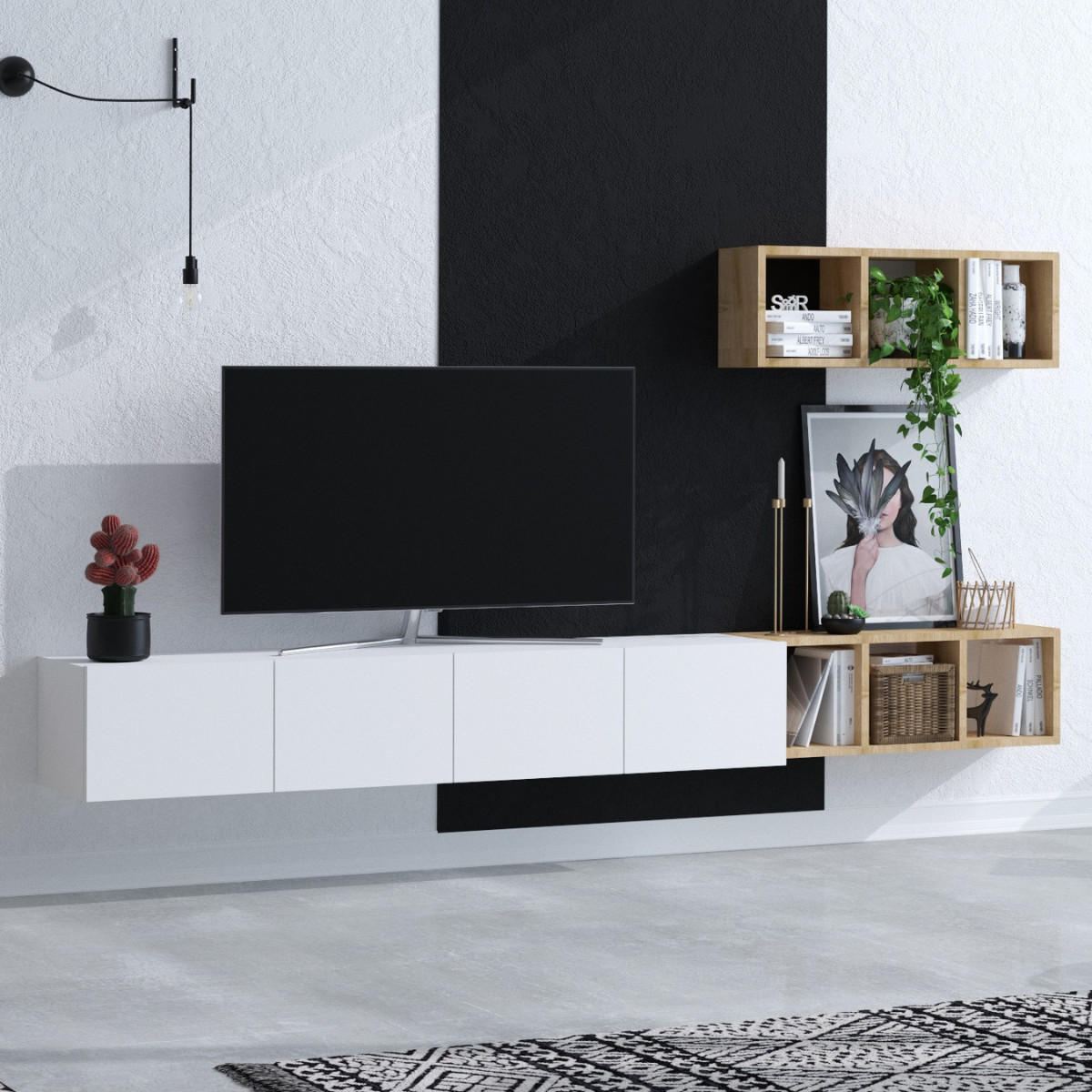 TV-SCHRANK 4 türen weß mit eichenregal pia 215/32/25 cm - Weiß, Holzwerkstoff (215/25/32cm) - Calicosy