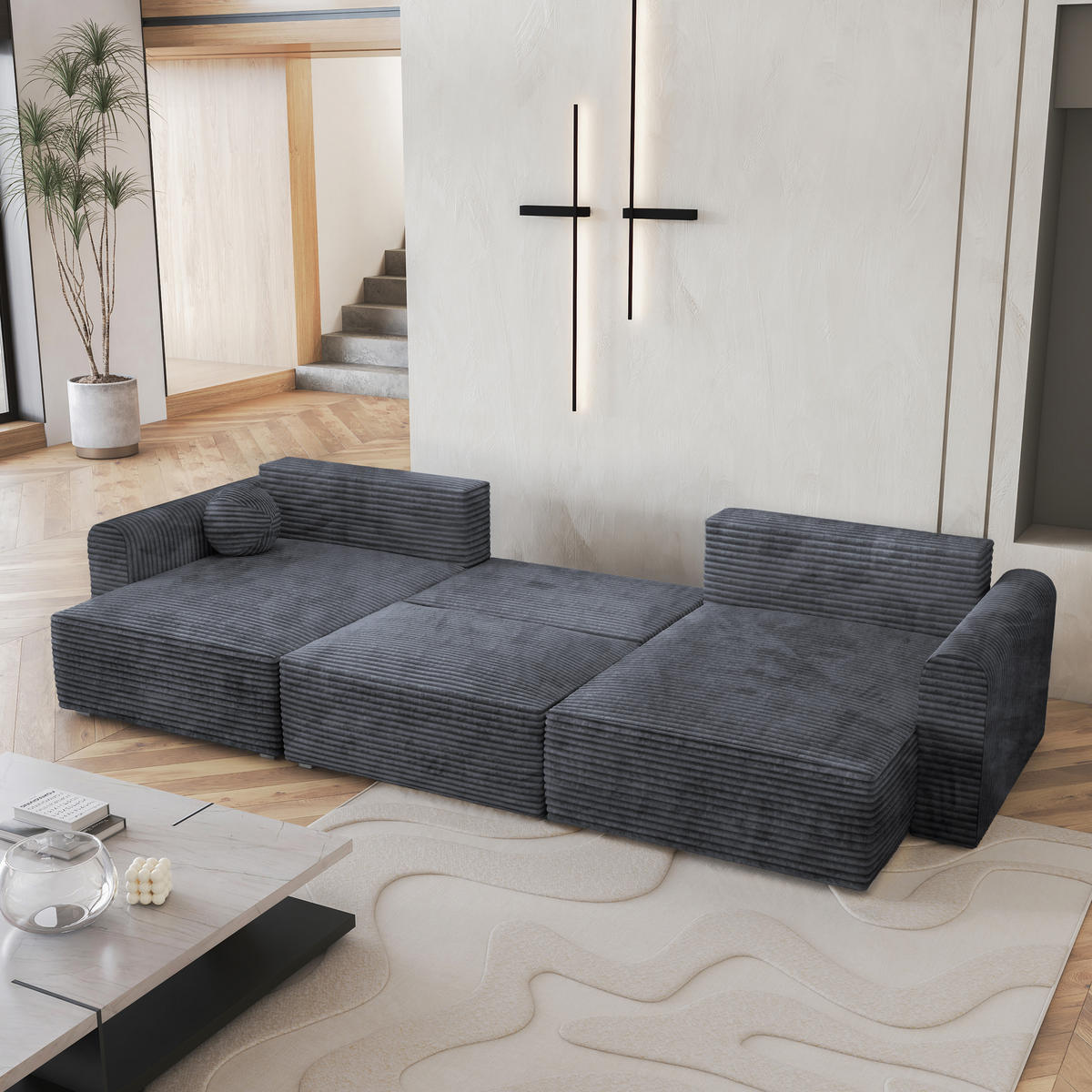 WOHNLANDSCHAFT FENTO Graphitfarben Kordstoff mit Schlaffunktion - Graphitfarben, Holz (347/90/148cm) - MASSENO