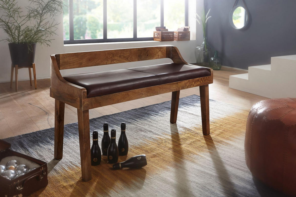 SITZBANK – Echtleder, 108 cm, mit Rückenlehne, Beine Massivholz - Braun, Mangoholz/Leder (108/63/43cm) - KADIMA DESIGN