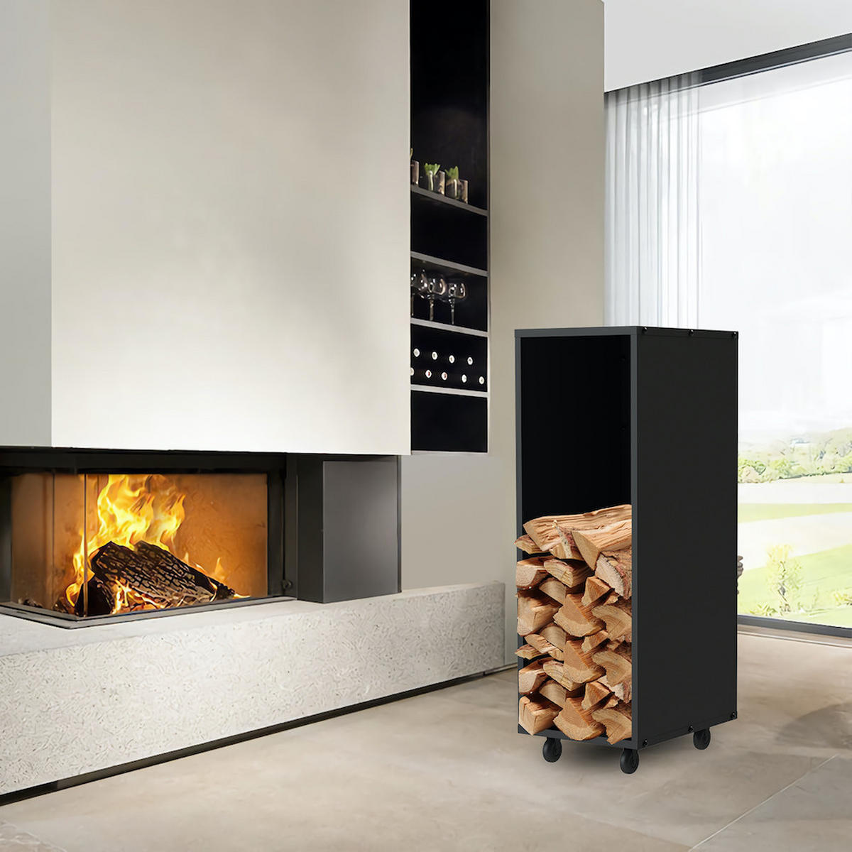 KAMINHOLZREGAL mit Rollen Metall Schwarz 85 cm 96359 - Schwarz, Metall (29/85/37cm) - DanDiBo