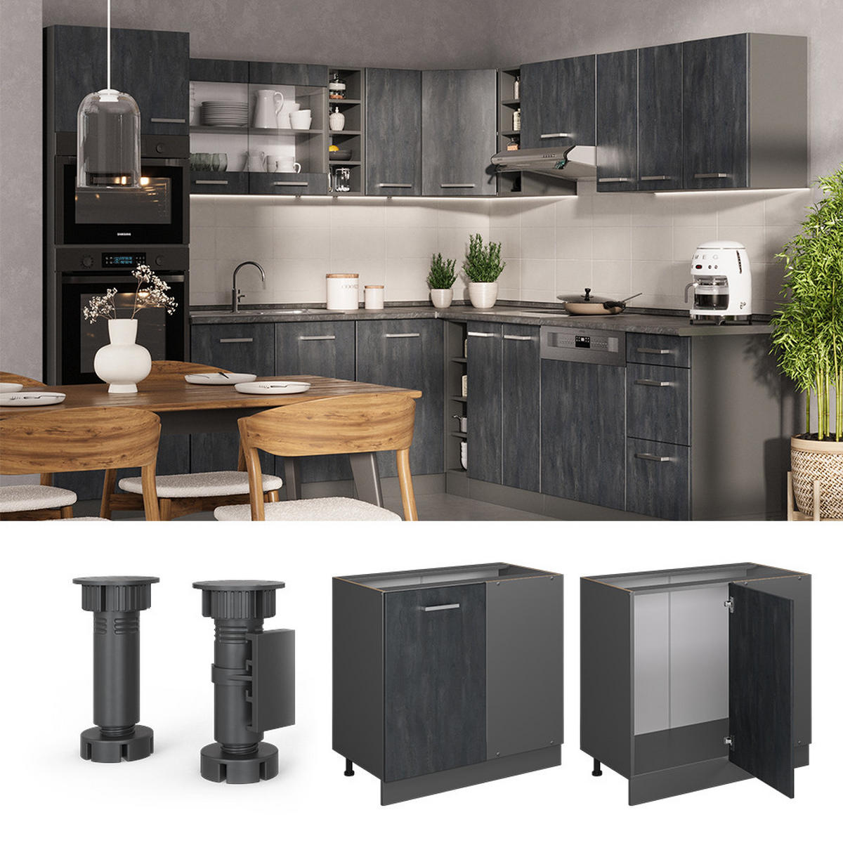 ECKUNTERSCHRANK R-Line Schwarz Beton 86 cm ohne AP - Anthrazit/Schwarz, Holzwerkstoff (86/81.6/46cm) - Vicco