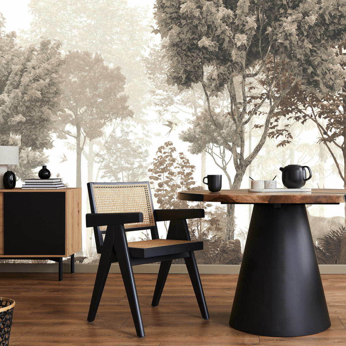 FOTOTAPETE für Esszimmer Vintage Wald Bäume Hirsche 500x350 - Gelb/Beige, Papier (500/350cm) - Muralo