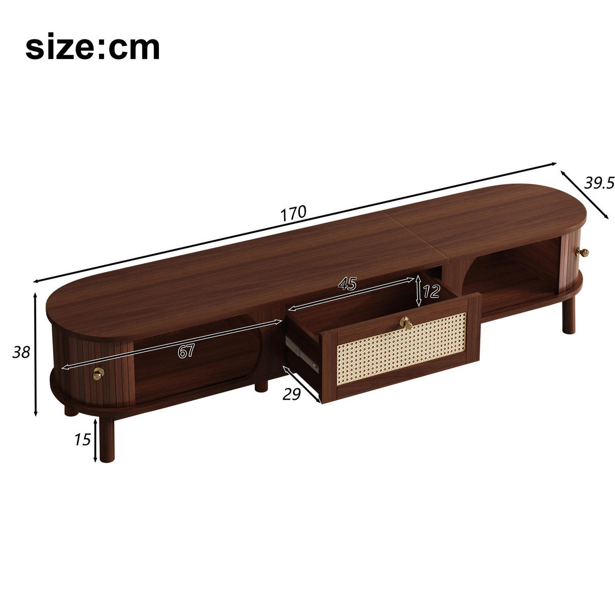 TV-SCHRANK aus Spanplatte und Rattan 170x39,5x38 cm Naturfarben/Hellgelb mit Türen und Schubladen in Bambusoptik - Eichefarben, Holzwerkstoff (170/38/39.5cm) - Modfu