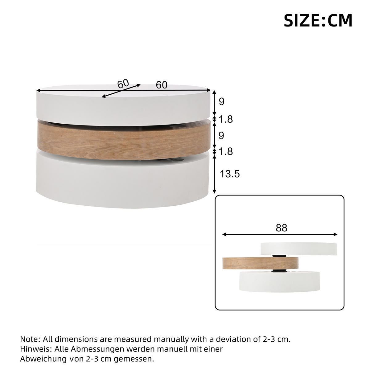 COUCHTISCH Weiß/Natur 360° drehbar mit Stauraum 60/60/35 cm - Weiß, Holzwerkstoff (60/60/35.1cm) - PANGIVO