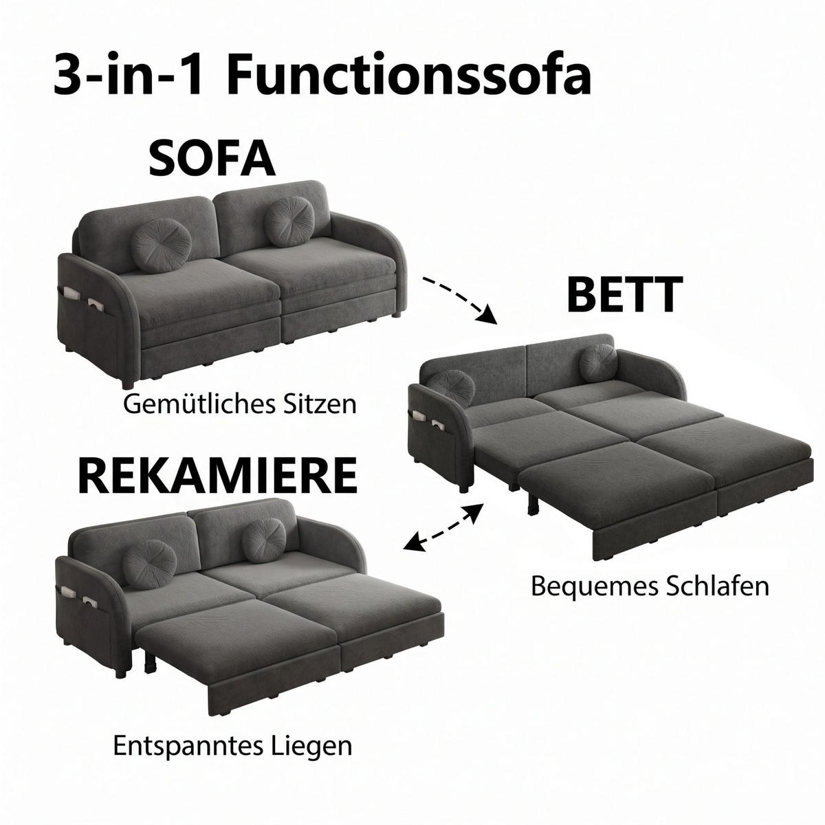 SCHLAFSOFA 3-in-1 Queen-Size Ausziehbar 2-Sitzer Chenille mit Kissen Grau - Grau, Textil (166/90/84cm) - Urban Meuble