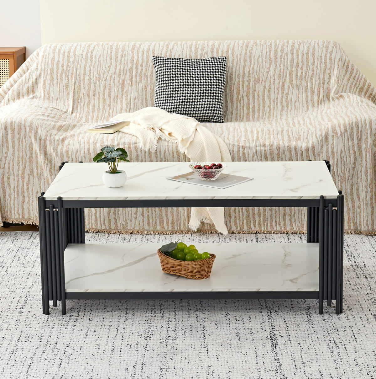 COUCHTISCH mit Ablage 114/64 cm in Weiß/Schwarz mit Marmor-Dekor - Schwarz, Holzwerkstoff (114/64/46cm) - BEAOK