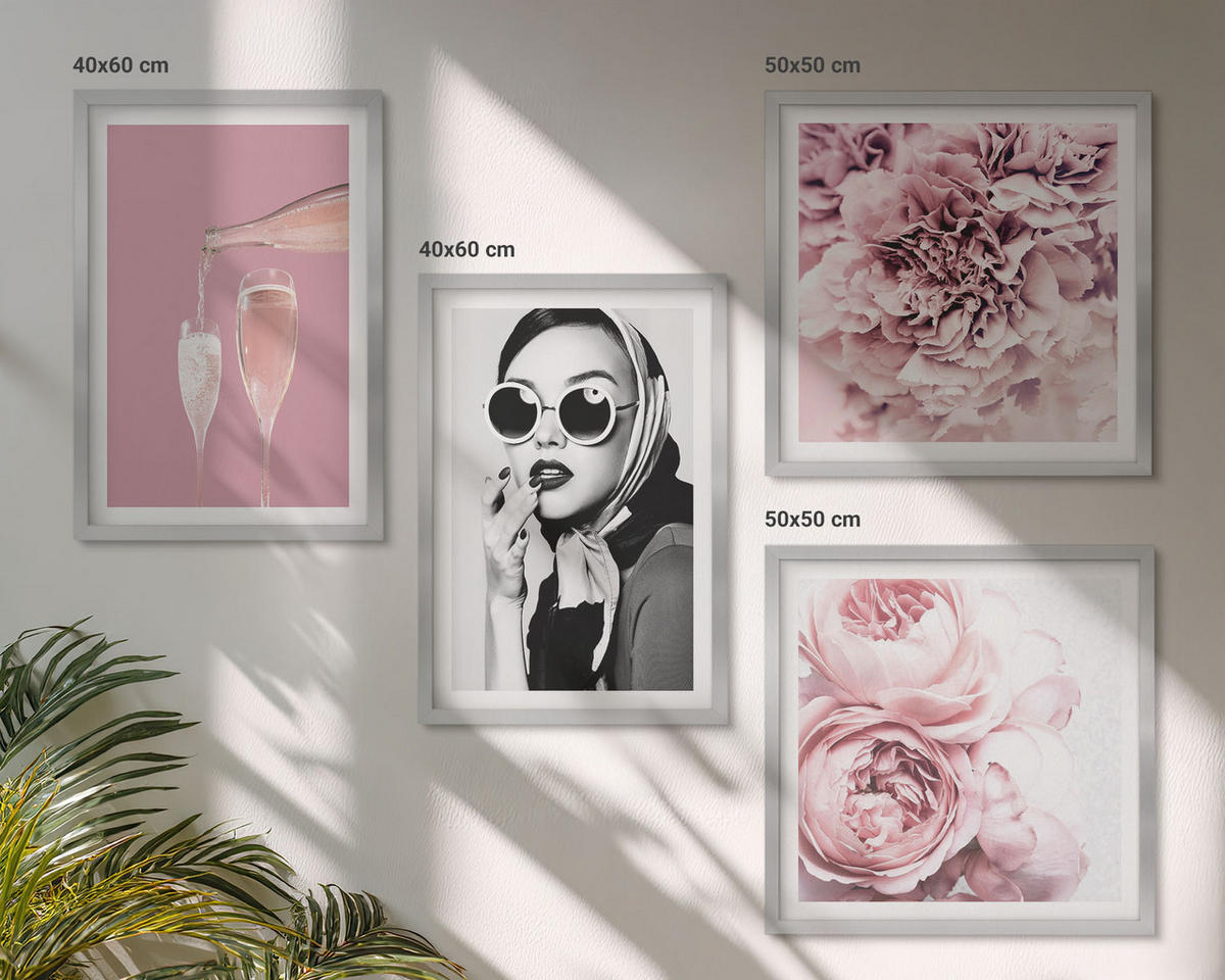BILDER SET 4er Set - 50x50 cm & 40x60 cm Silberner Rahmen - Blumen, Pfingstrosen, Rosen, Eleganz - Silberfarben, Kunststoff (50/50cm) - TULUP