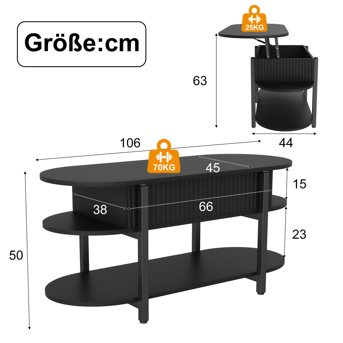 HÖHENVERSTELLBARER COUCHTISCH schwarz mit großem Stauraum - Schwarz, Holz (106/38/50cm) - SHOPENTRA