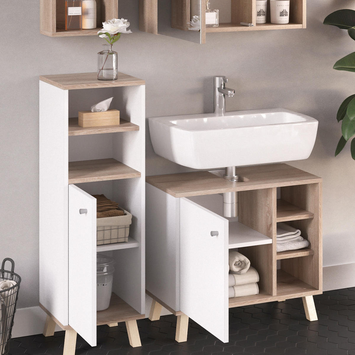BADMÖBEL-SET Senyo Weiß 4 Teile, mit Midischrank - Weiß/Sonoma Eiche, Holzwerkstoff (62/54/32cm) - Vicco