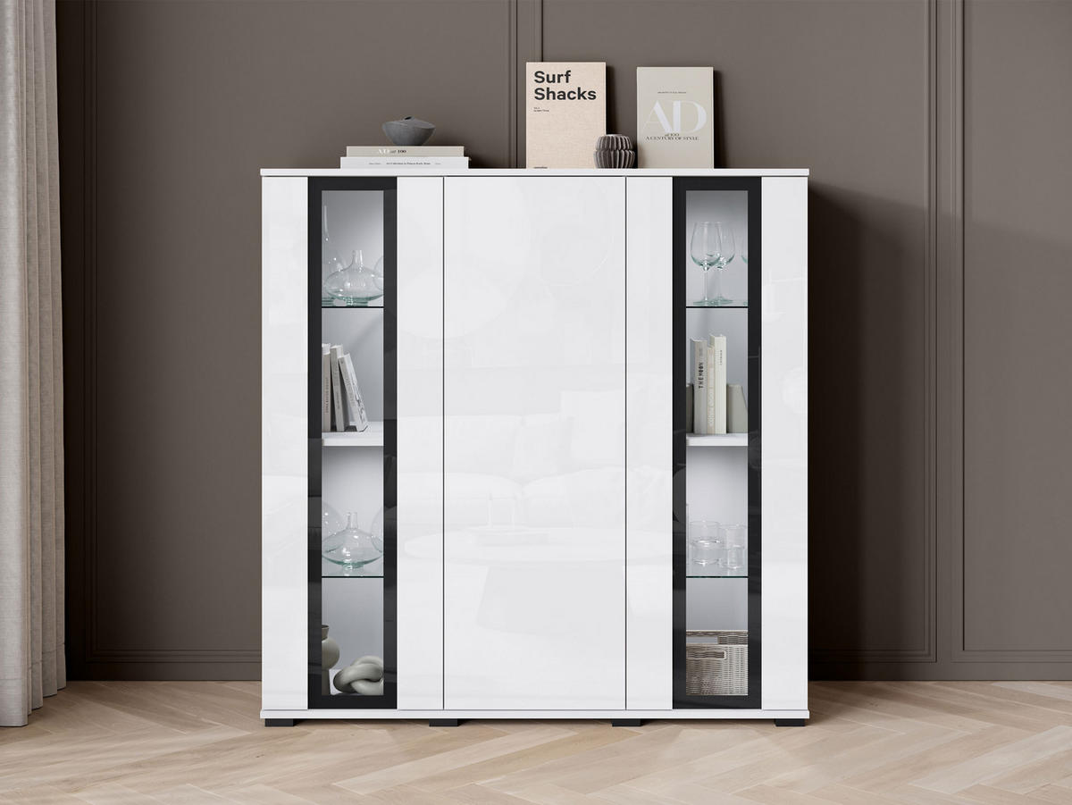KOMMODE Caro HB 120 mit weißer LED Beleuchtung - Schwarz/Weiß, Holzwerkstoff/Kunststoff (120/122/40cm) - MIRJAN24