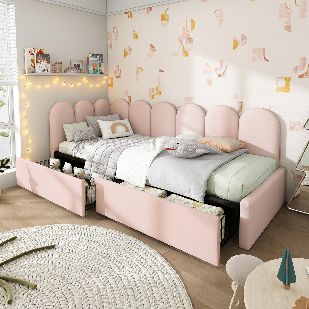POLSTERBETT 90/200 cm Rosa mit Stauraum und Schubladen - Rosa, Textil (90/200cm) - OKWISH