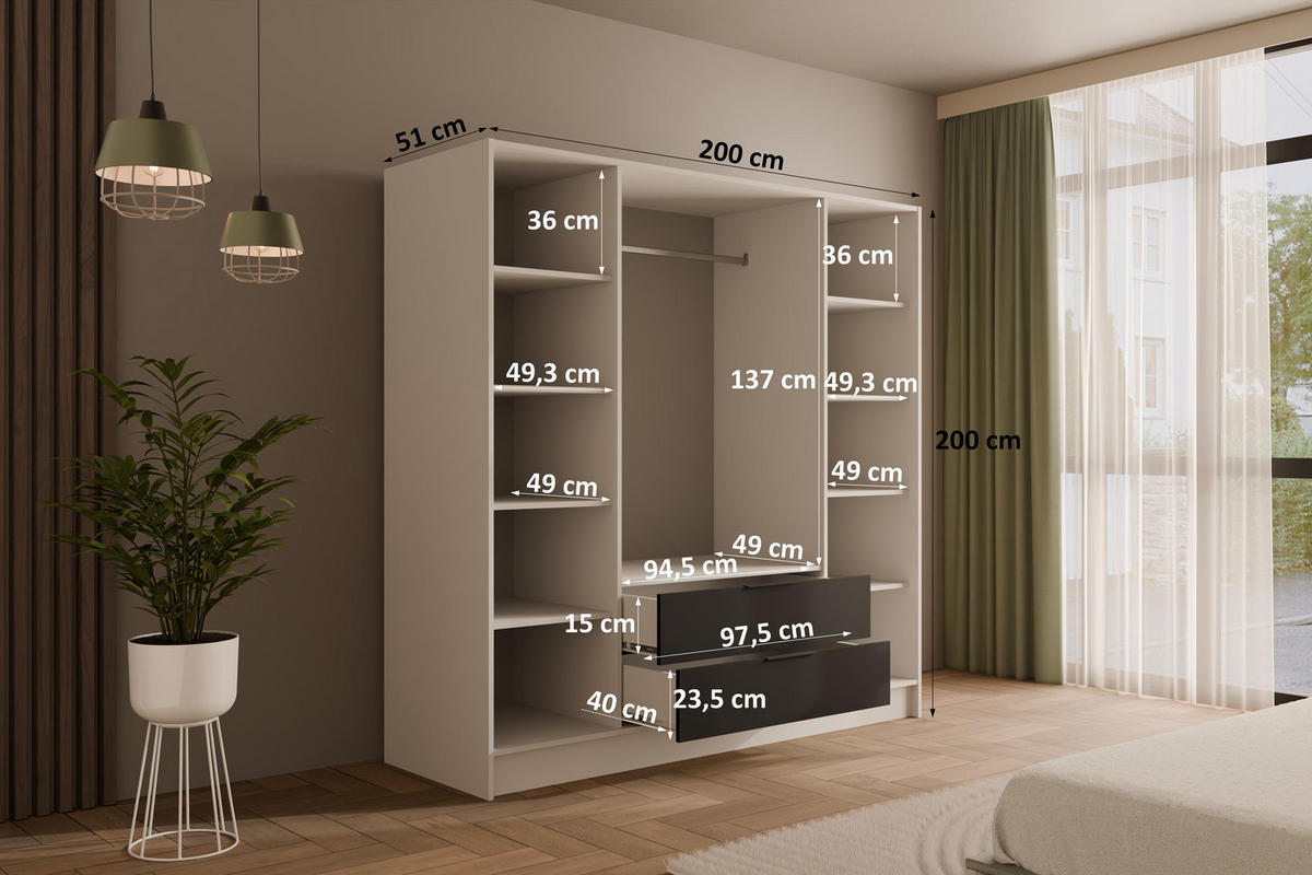 KLEIDERSCHRANK NELIA - 200 cm - Schwarz/Weiß, Holzwerkstoff (200/200/51cm) - ALTDECOR