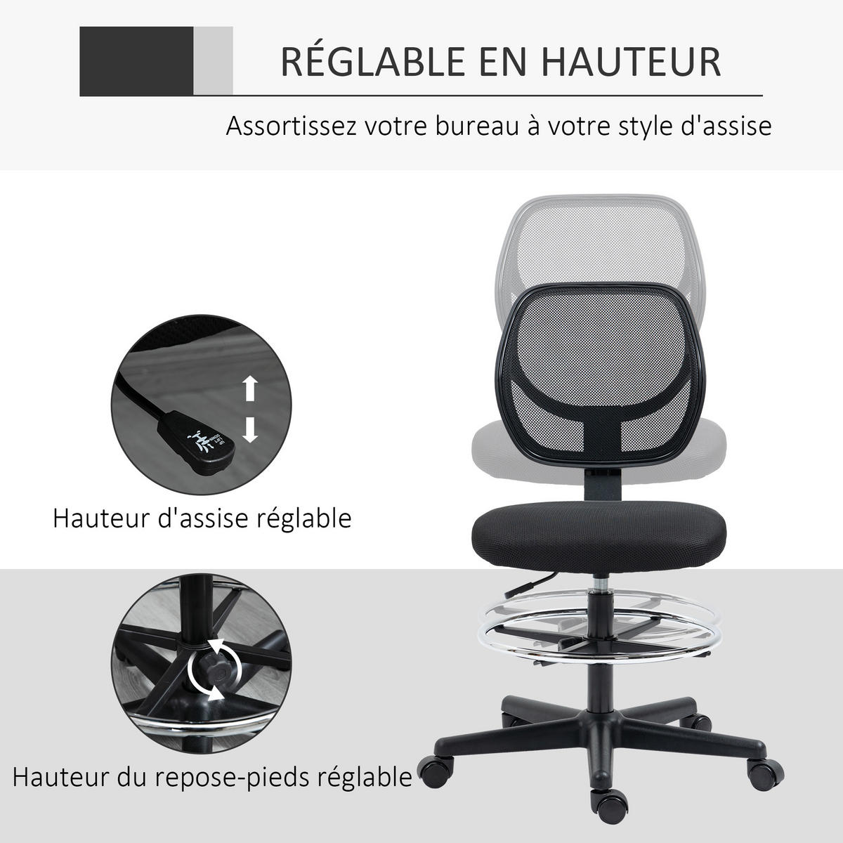 BÜROHOCKER DE-11820 höhenverstellbar mit Fußring Schwarz - Schwarz, Textil (61/113/59cm) - ComfortXL