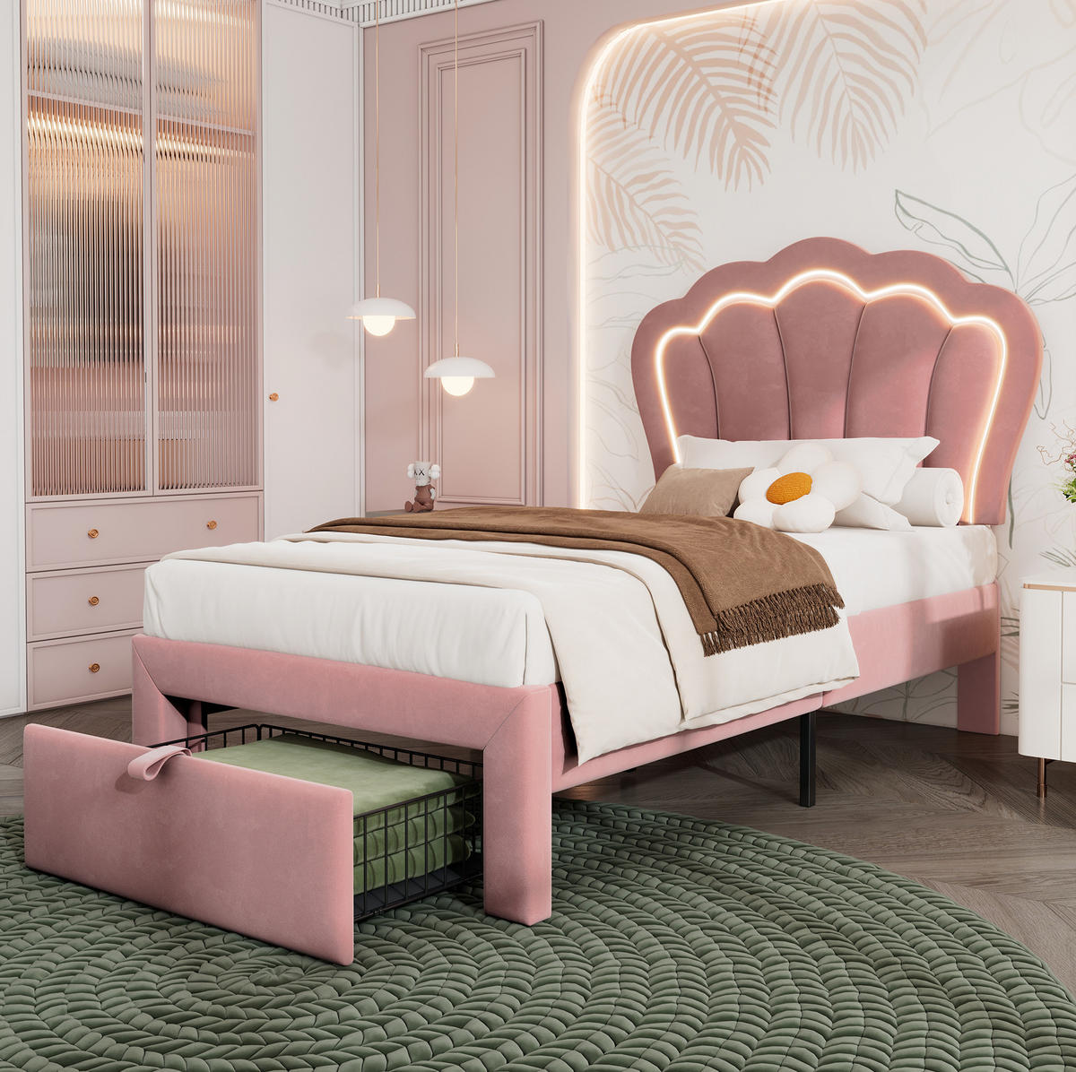 KINDEREINZELBETTEN aus Samt 90x190 cm in Rosa mit LED-Beleuchtung & Schublade - Rosa, Textil (90/190cm) - Modfu