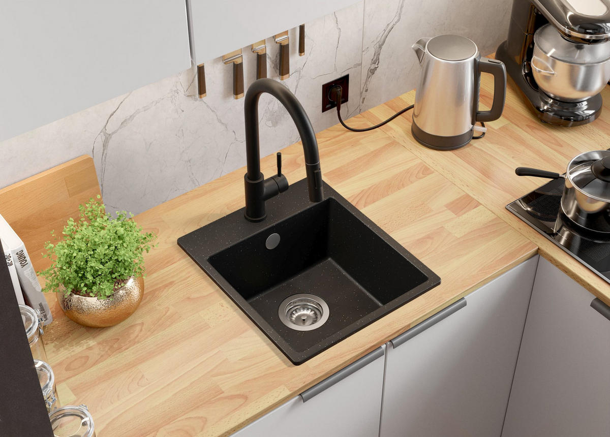 SPÜLBECKEN Riga Easy, 2-er set Schwarz Metallic 38/44 cm 1 Becken + Ablauf-Set ab 40er Unterschrank - Chromfarben/Schwarz Hochglanz, Kunststoff (38/19/44cm) - Primagran