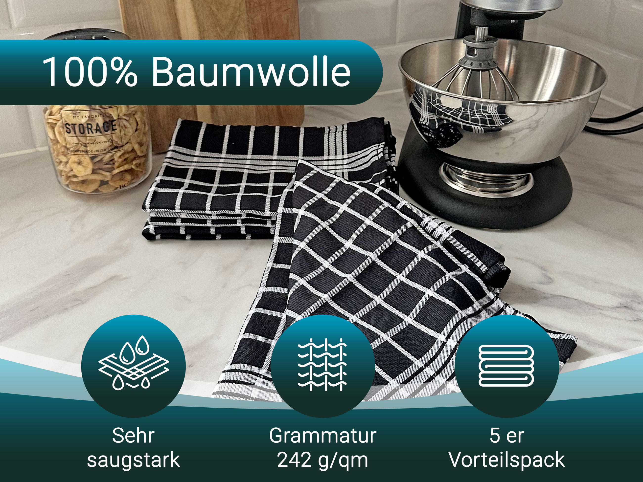 3 Geschirrtücher Aus 100% Baumwolle, 70x50 Cm, Schwarz – Hochsaugfähig, Fusselfrei, Für Küche & Haushalt