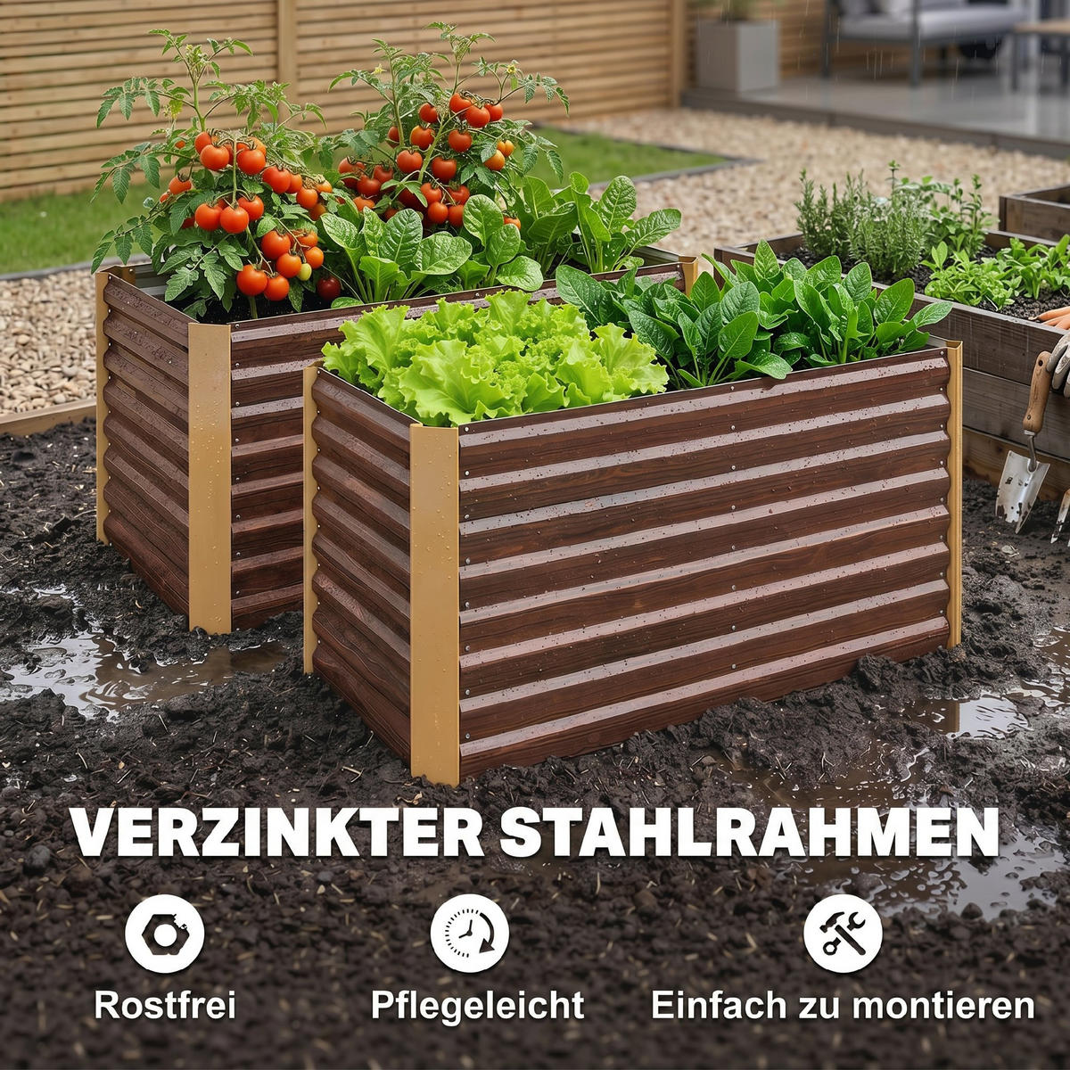 HOCHBEET-SET, 120L x 60B x 60H cm - Braun, Metall (60/60/120cm) - Outsunny