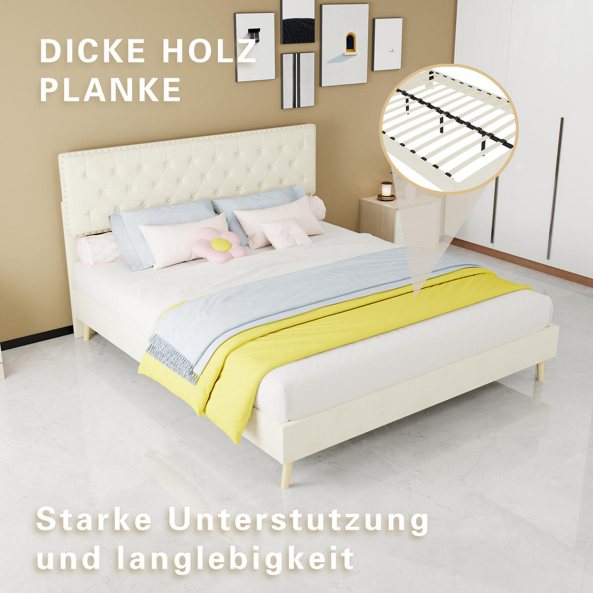 POLSTERBETT 160/200 cm in Beige Samt mit hohem Kopfteil und Stauraum - Beige, Holzwerkstoff/Textil (160/200cm) - STILVORA
