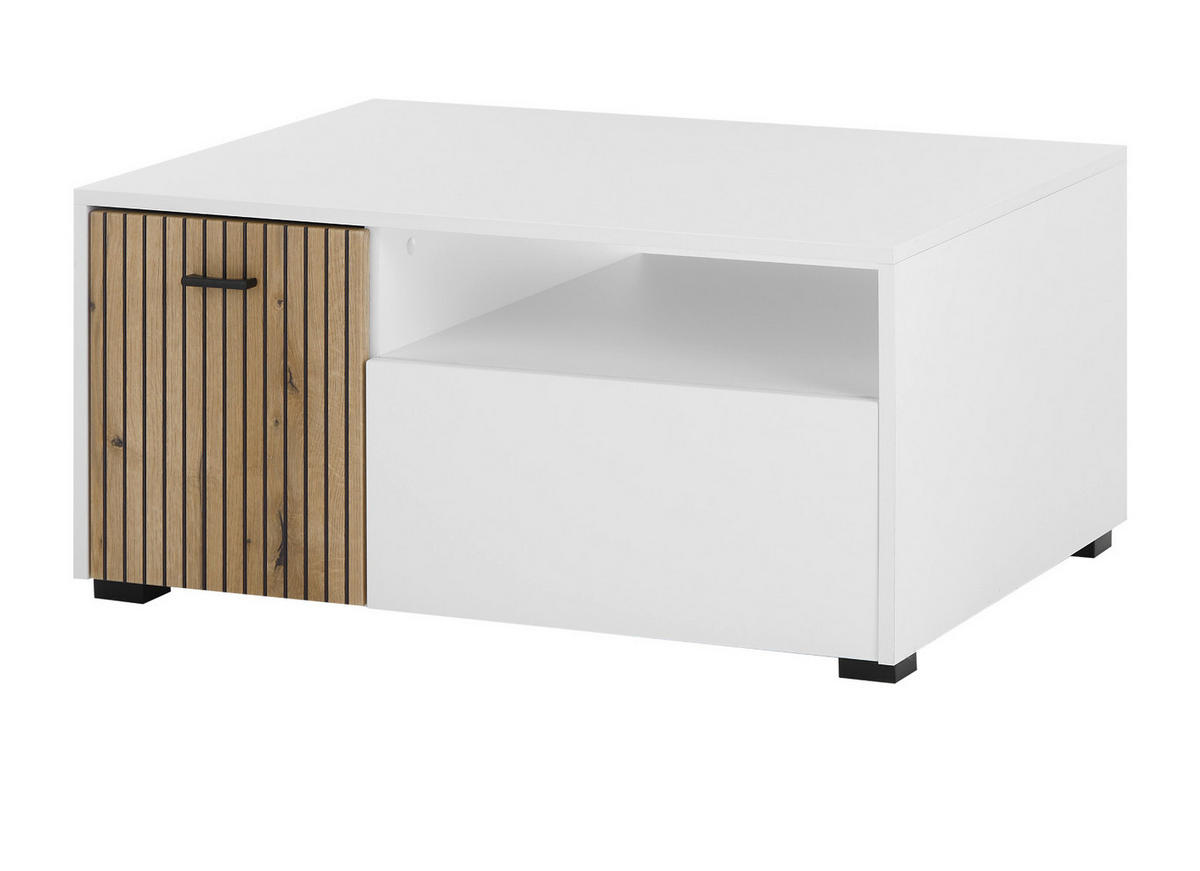 COUCHTISCH weiß matt, Eiche 90 cm, Wohnzimmertisch mit Stauraum und Soft-Close - Eichefarben/Schwarz, Holzwerkstoff/Kunststoff (90/70/43cm) - Furn.Design