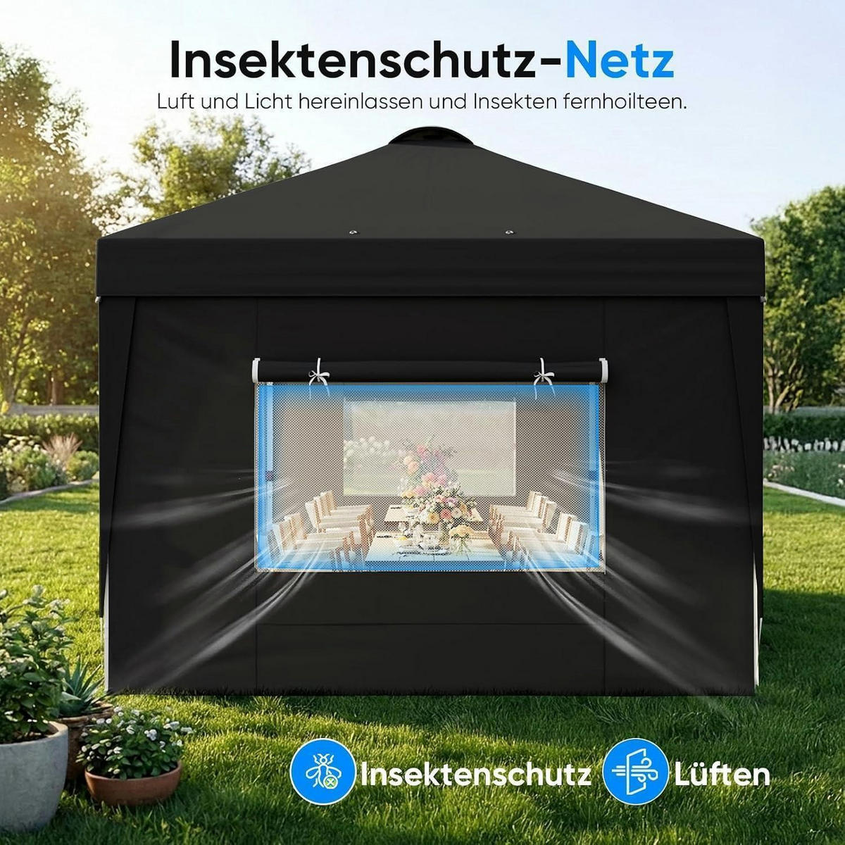 FALTPAVILLON 3x6m mit Seitenwänden und Insektenschutz schwarz - Schwarz, Textil (585/285/293cm)