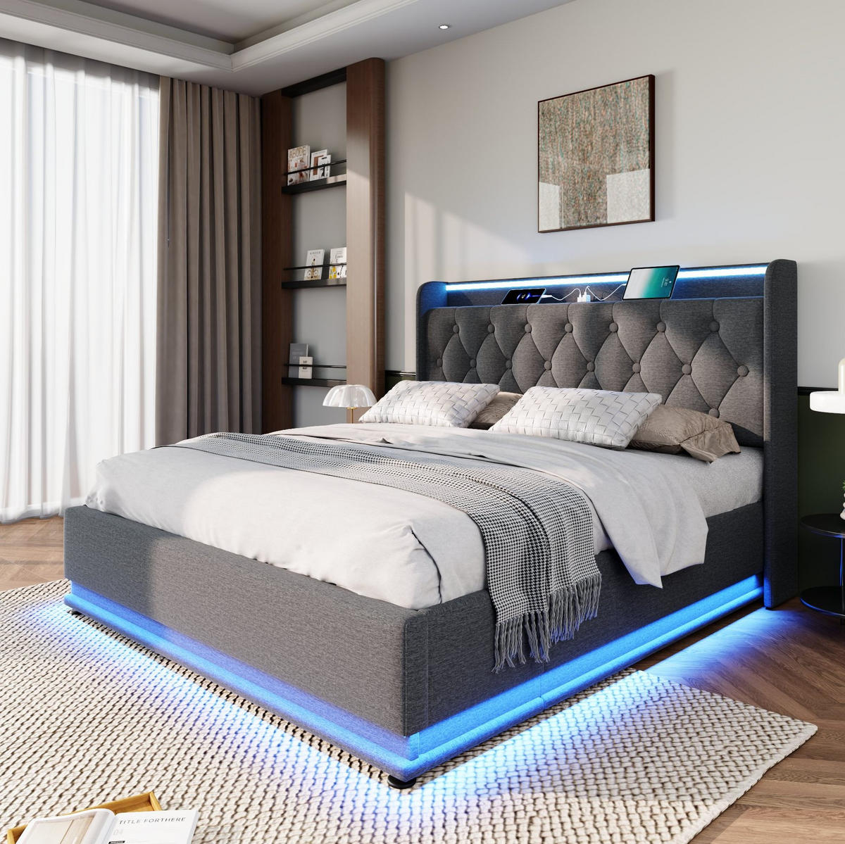 BETT mit Stauraum und LED 140x200 cm Leinen Grau - Grau, Metall (140/200cm) - Meubliv