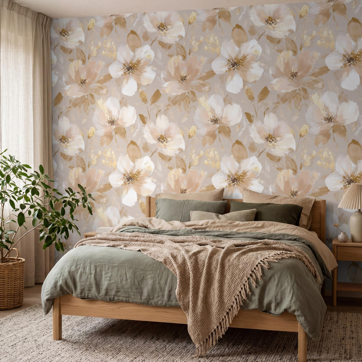 TAPETE - Blumen - künstlerisch - Gold - 350x280 cm - Beige, Papier (350/280cm) - OnlyWow