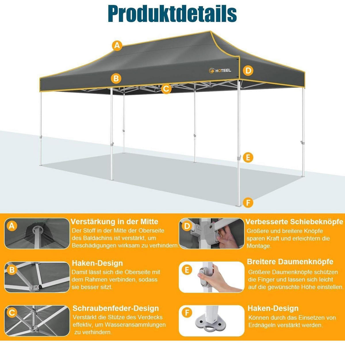FALTPAVILLON 3x6m Grau Wasserdicht Stabil 6 Seitenteile - Grau, Textil (300/320/600cm)