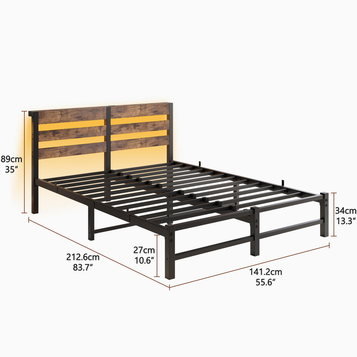 METALLBETT 140/200 cm in Schwarz & Braun mit LED, USB und Ablage - Schwarz, Holzwerkstoff/Metall (140/200cm) - WISHDOR