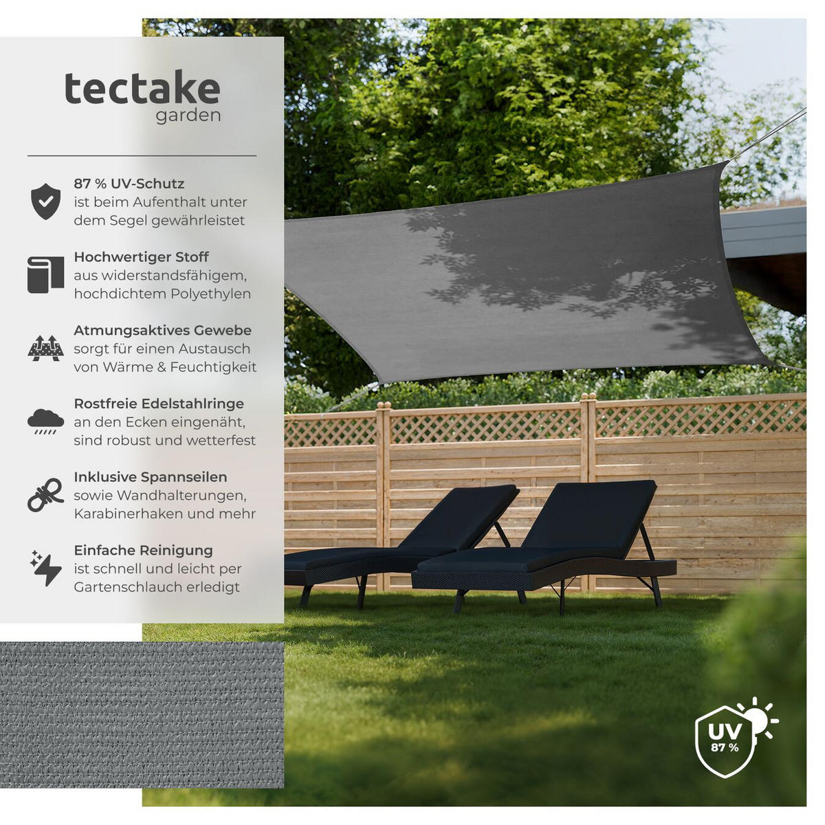 SONNENSEGEL Sunny,umfangreiches Montagematerial,grau - Grau, Kunststoff (400/200cm) - tectake