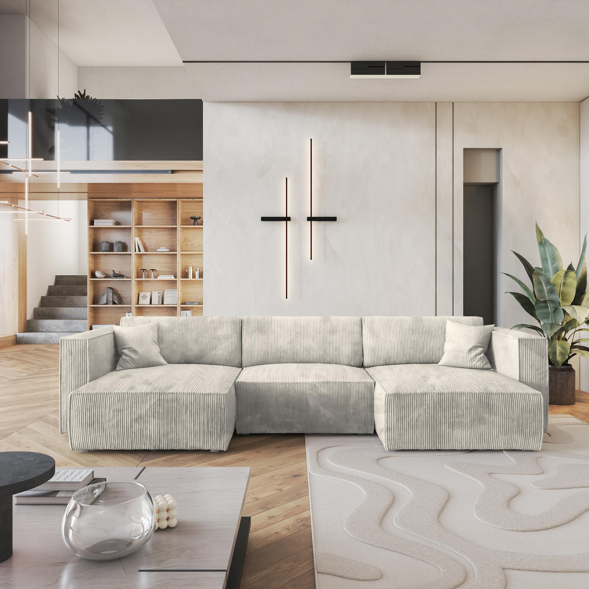 ROHOVÁ SEDAČKA SARMO krémová - šedá/krémová, dřevo/textil (347/148cm) - MASSENO