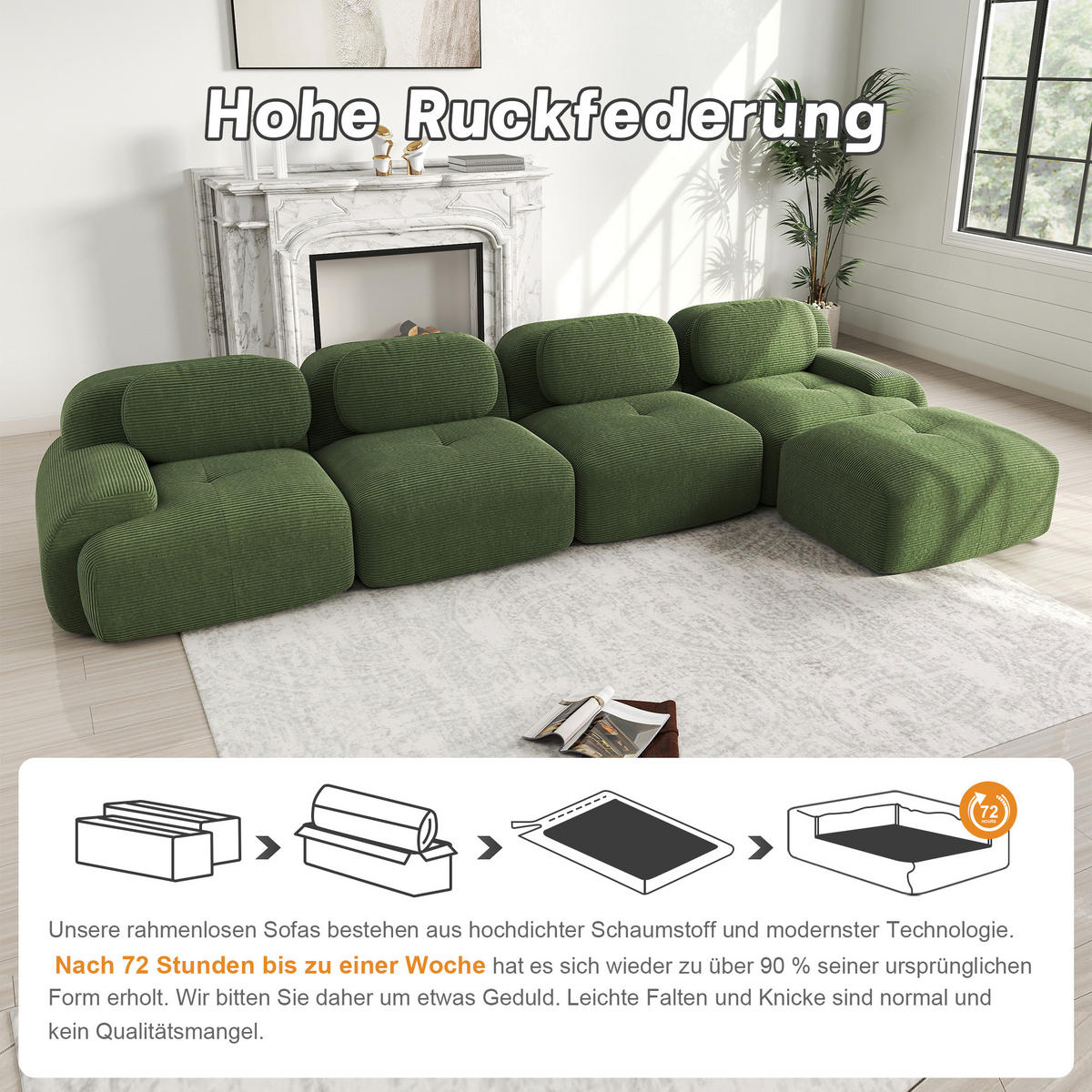 ECKSOFA 388/178/70 cm Grün Cord mit extra-breiten Armlehnen, Rahmenloses - Grün, Textil (388/178cm) - Oxeza