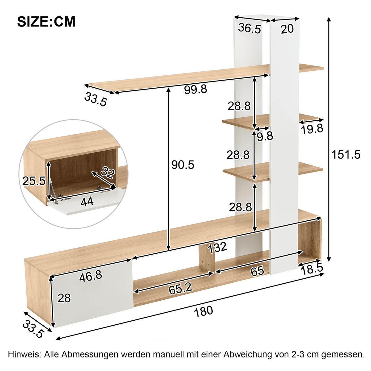 TV-WOHNWAND 180/33,5/151,5 cm aus Spanplatte mit 5 offenen Fächern Weiß/Eichefarben - Weiß, Holzwerkstoff (180/151.5/33.5cm) - Modenvie