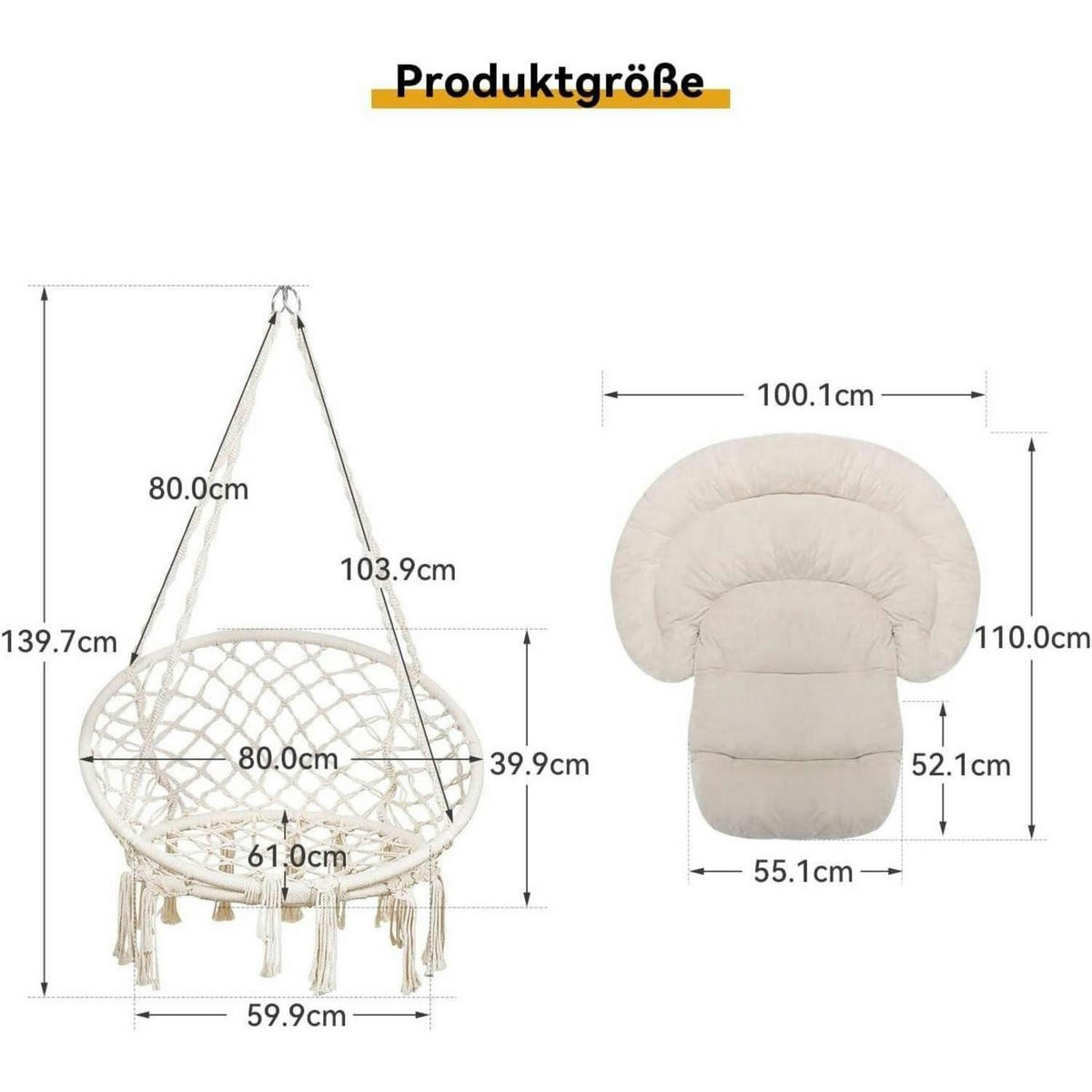 HÄNGESESSEL Makramee Beige mit Kissen bis 150 kg - Beige, Textil (80/1.5/140cm)