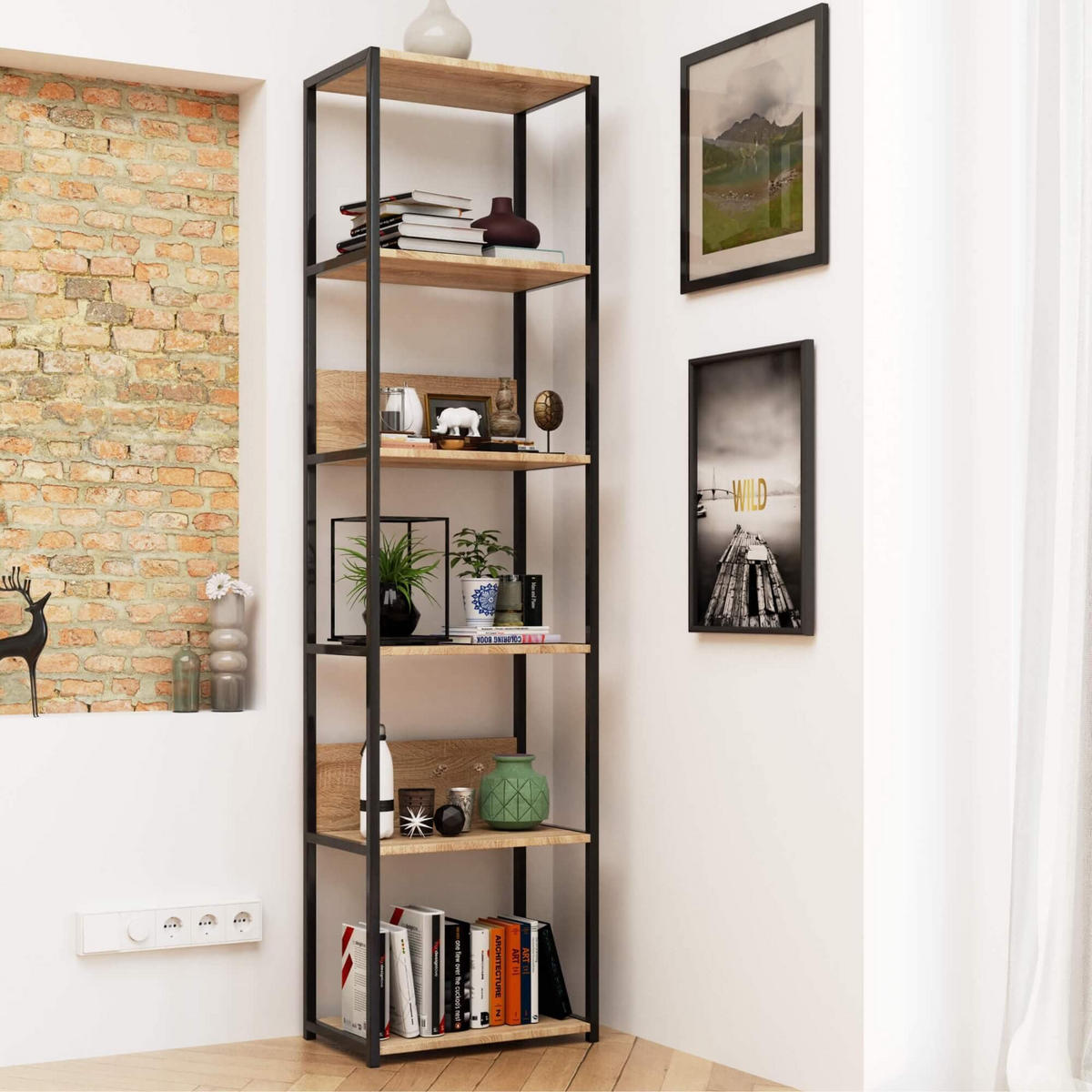 INDUSTRIEREGAL Schwarz, Sonoma Eiche 50x192x32 cm - Schwarz/Sonoma Eiche, Holzwerkstoff/Metall (50/192/32cm) - Akord