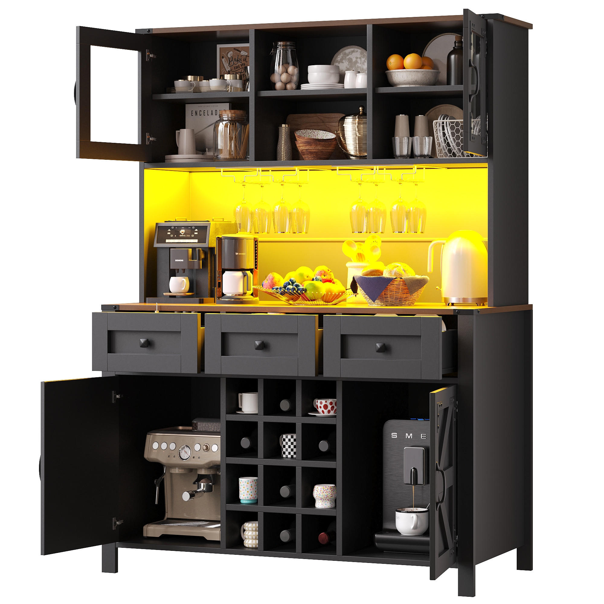 KÜCHENSCHRANK mit LED und Steckdosenleiste 120x40x170 cm Schwarz - Schwarz, Glas (40/170/120cm) - Meubliv