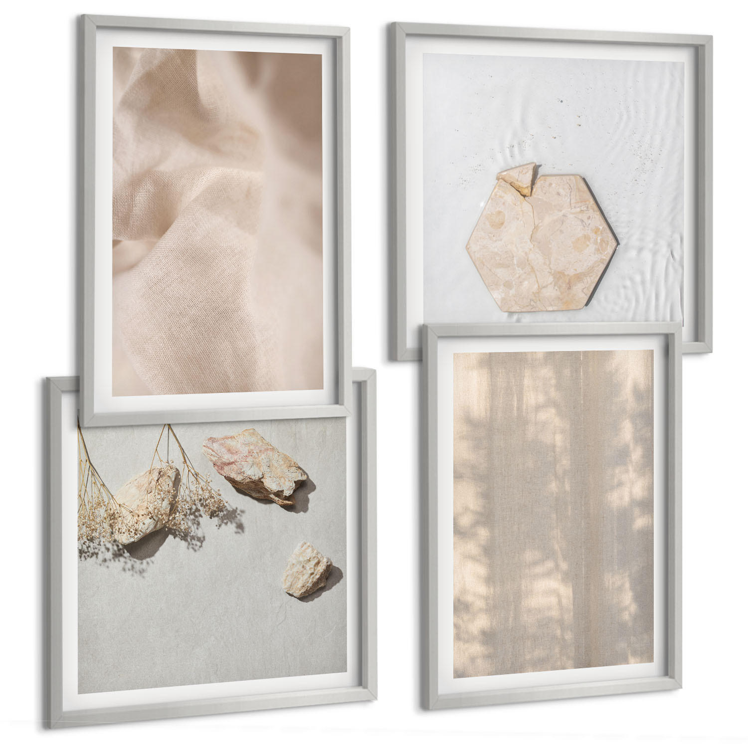BILDER SET 4er Set - 50x50 cm & 40x60 cm Silberner Rahmen - Dezente Boho-Naturtexturen - Silberfarben, Kunststoff (50/50cm) - TULUP