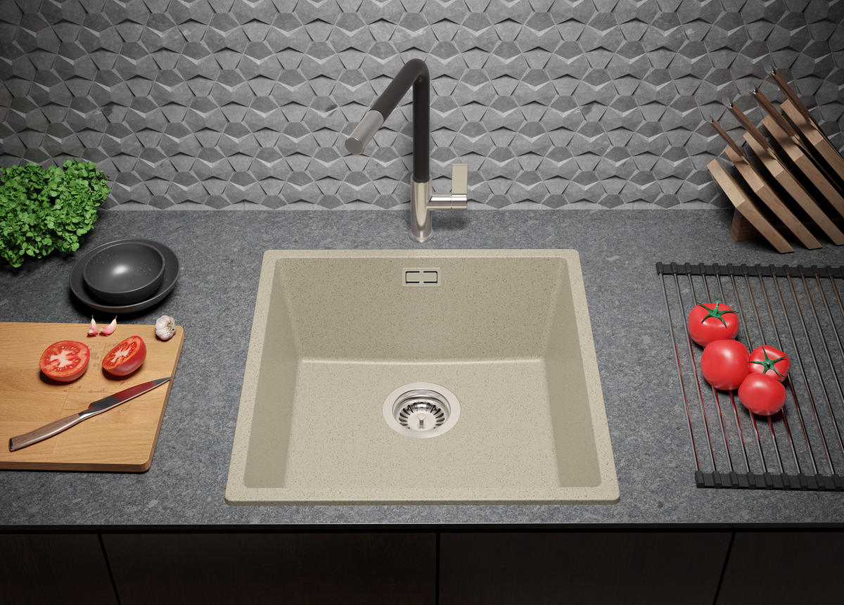 GRANITSPÜLE London Slim, 2-er set Beige 46/47 cm 1 Becken + Küchenarmatur 38/14 cm + Ablauf-Set ab 50er Unterschrank - Beige, Kunststoff (46/20/47cm) - Primagran