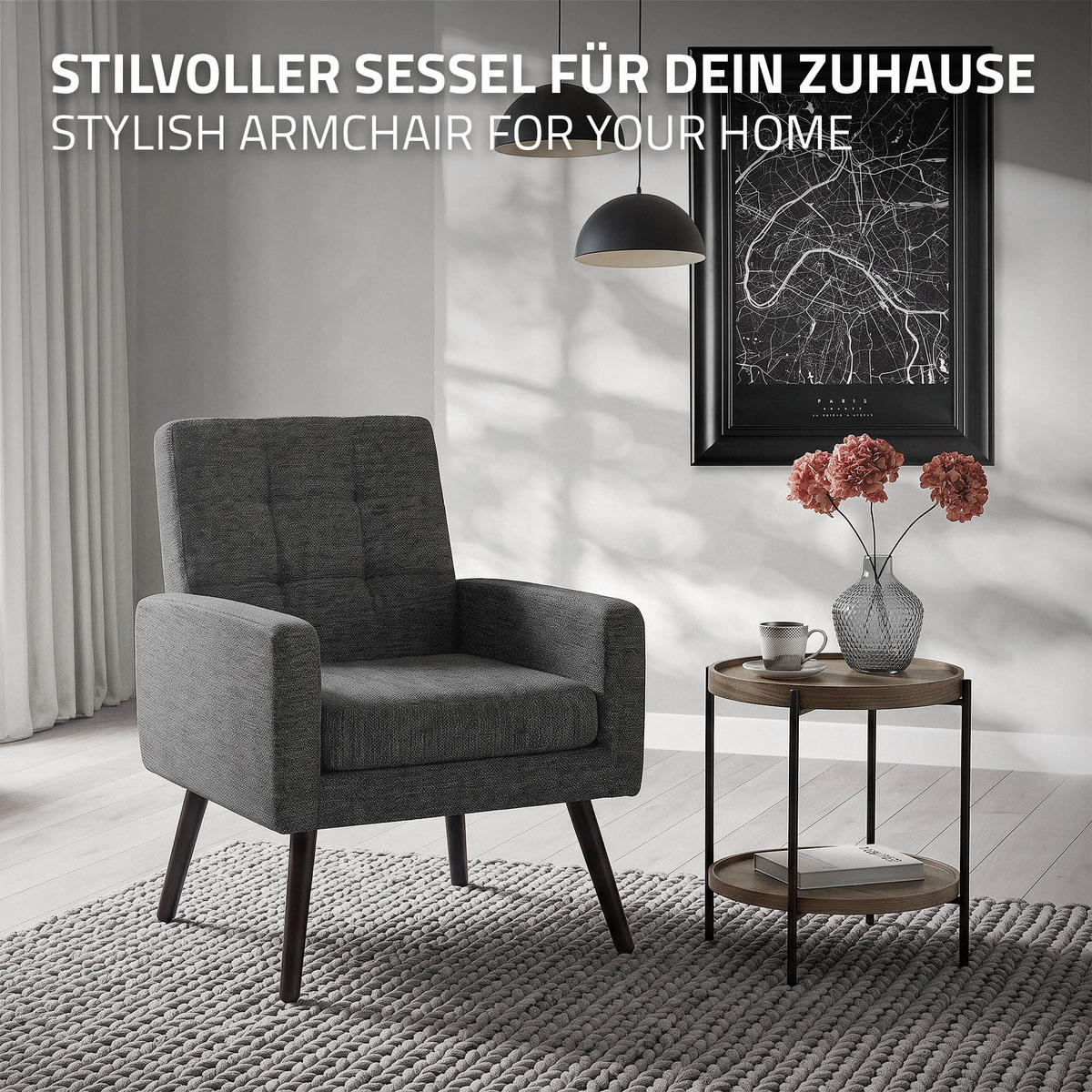 SESSEL mit Stahlbeinen und Webstruktur Relaxsessel 66,5x80x63,5 cm Anthrazit - Anthrazit/Schwarz, Textil/Metall (66.5/80/63.5cm) - ML-DESIGN