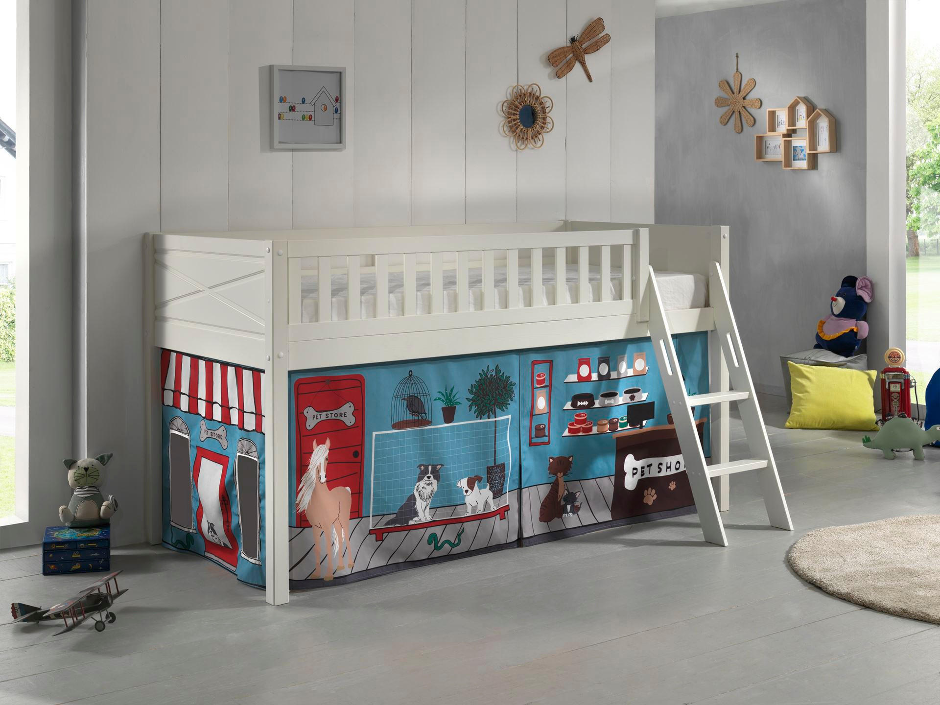 KINDERBETT Karyl 208x114x135 Massivholz Weiß Textilset Pet Shop - Blaugrau/Weiß, Holz (90/200cm) - 58aufmkessel