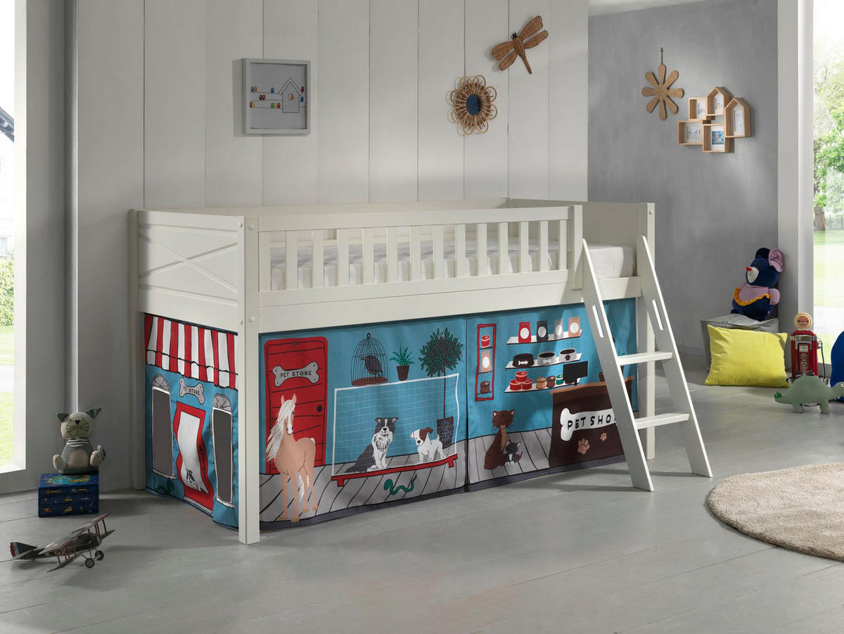 KINDERBETT Karyl 208x114x135 Massivholz Weiß Textilset Pet Shop - Blaugrau/Weiß, Holz (90/200cm) - 58aufmkessel