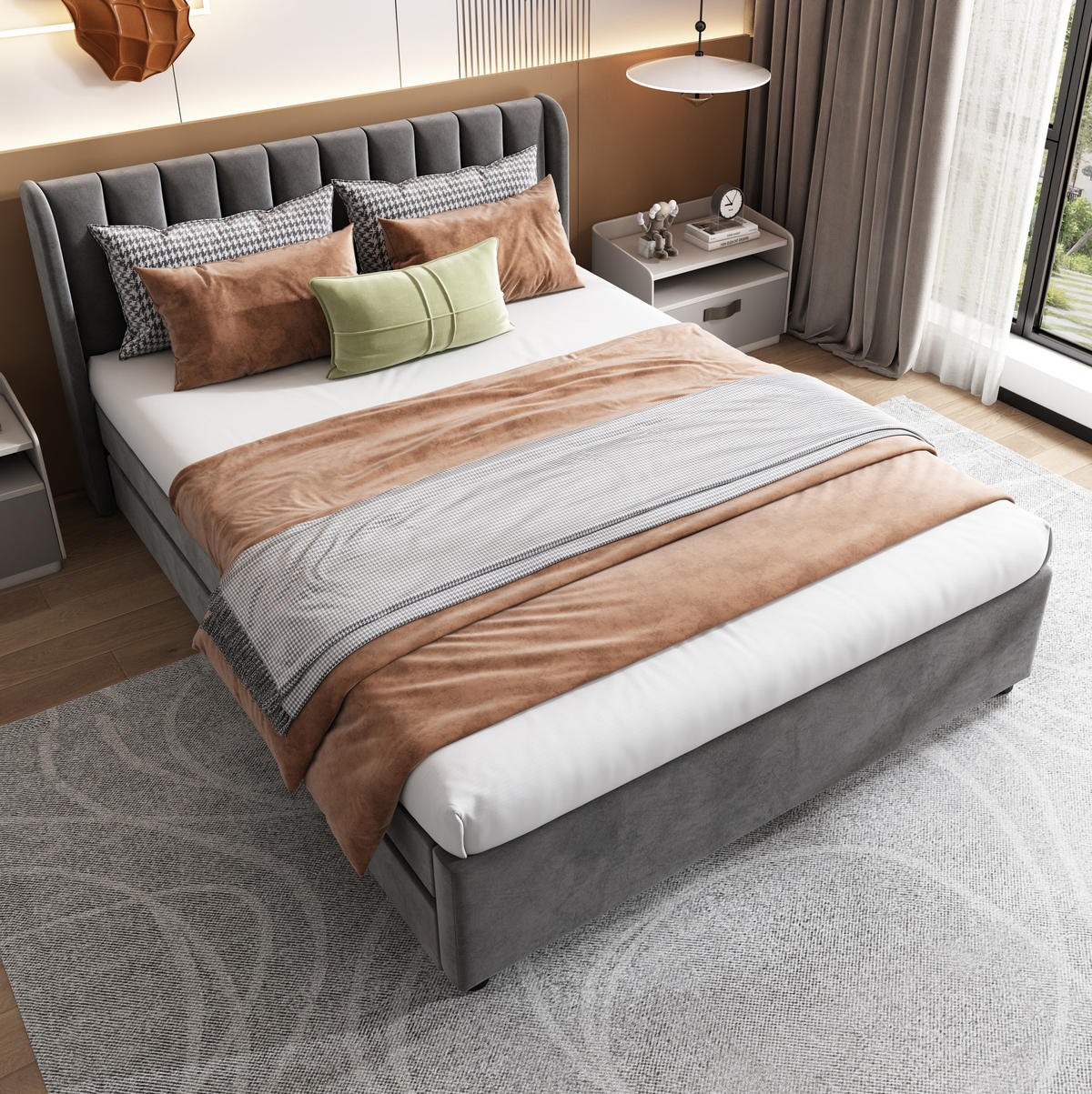 POLSTERBETT 140/200 cm Grau aus Samt mit 2 Schubladen - Grau, Textil (140/200cm) - OKMYHOME